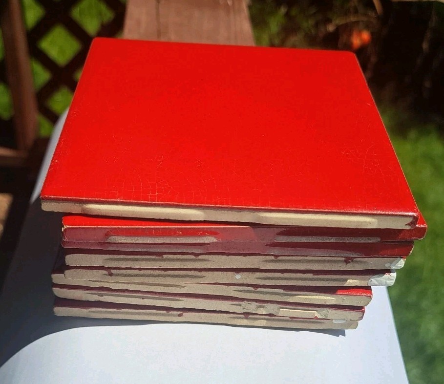 MCM 8 pc 4 1/4″ Ceramic Tile S01 Cherry (Ruby) Red 3 pnl American Olean USA NOS