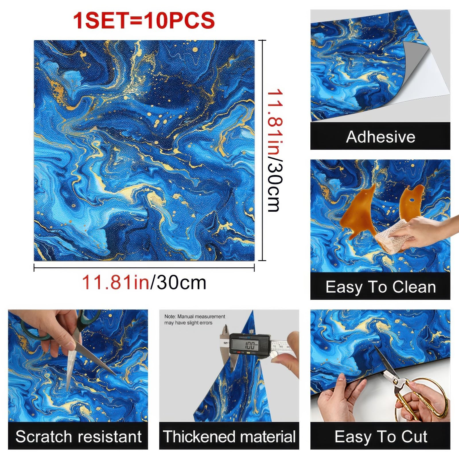 10PCS 12×12 Inch Blue Gold Marble Look Peel and Stick Floor Tiles PVC Flat Se…
