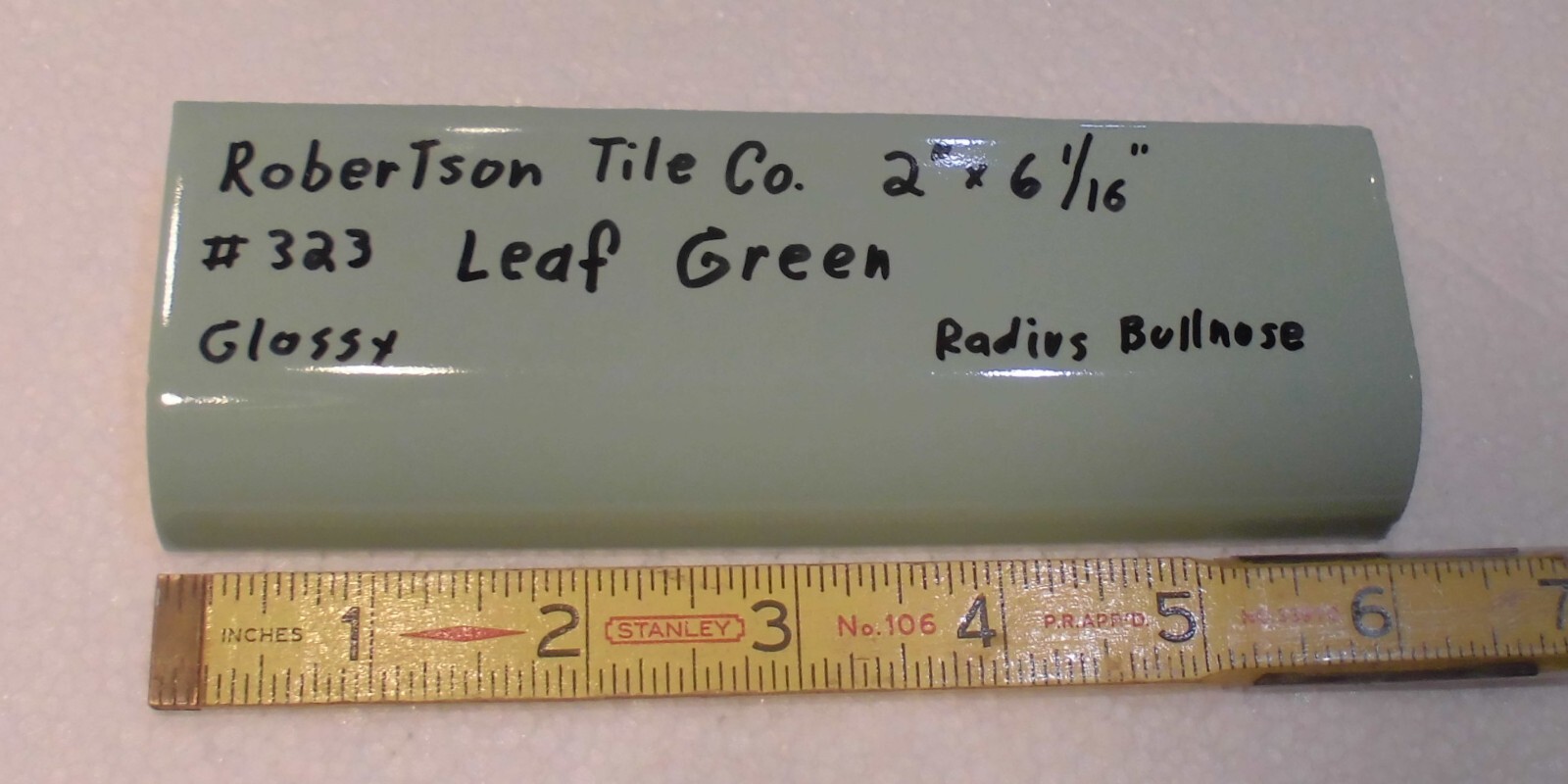 1 pc. Leaf Green: 2″ X 6-1/16″ Glossy Ceramic Radius Bullnose Tile: Mudd Caps,