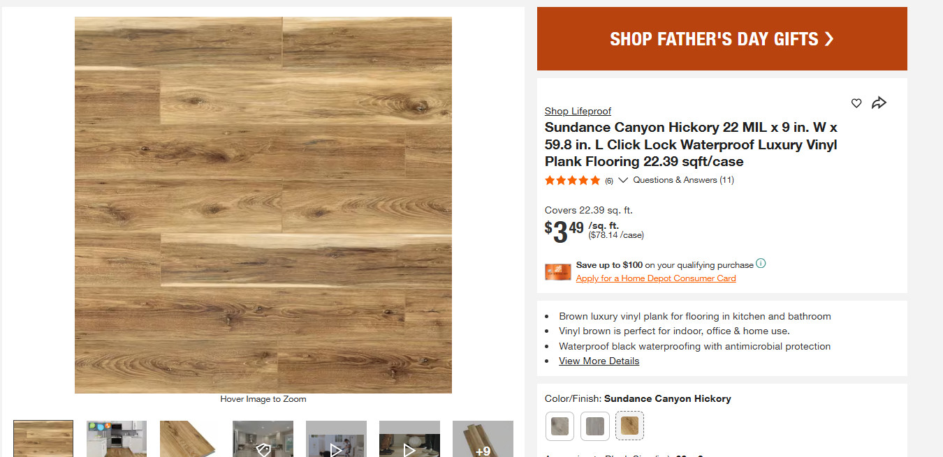 Pallet Sale – Lifeproof Sundance Canyon Hickory 22 mil plank flooring – 25 cases