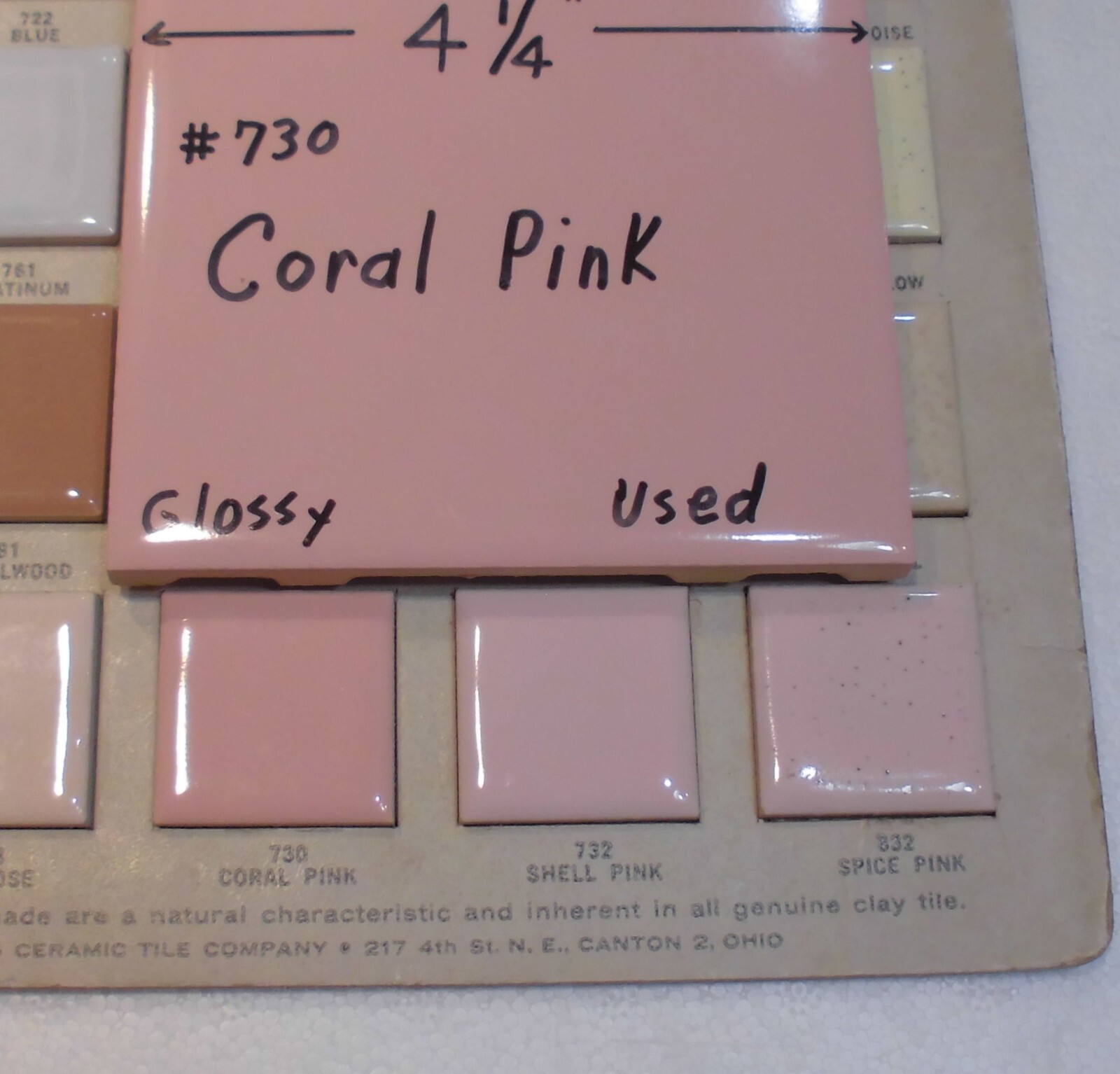 1 pc. Coral Pink #730 by Romany Tile Co. 4-1/4″ Glossy Ceramic from 1940’s Used