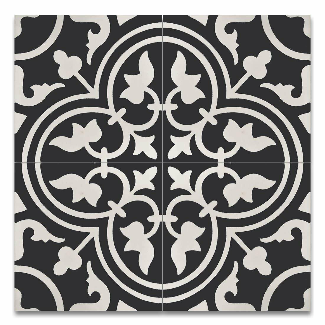 Flora Encaustic White Black 8×8 Honed Finish Genuine Cement Wall Tile Floor