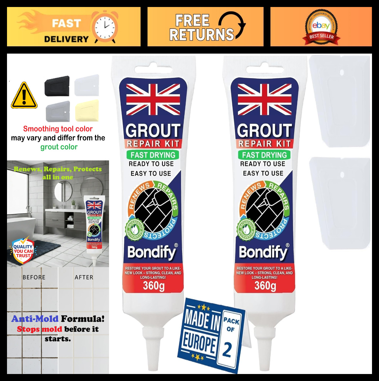 Waterproof Tile Grout Repair Kit – Fast Drying Premixed Acrylic Filler, 2 x 13.4