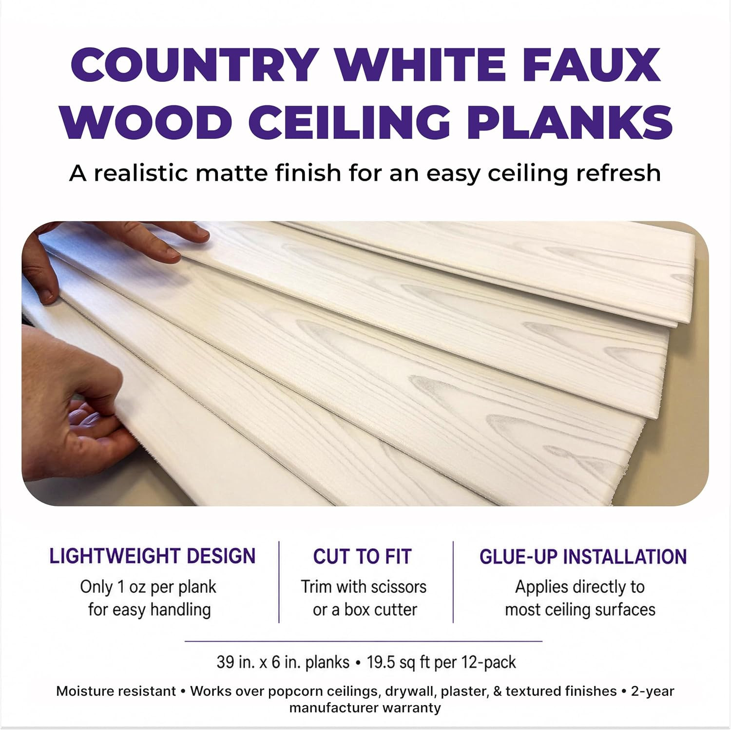 LA Maison Ceilings WP02CW Foam Wood Ceiling Planks, Country White, 48