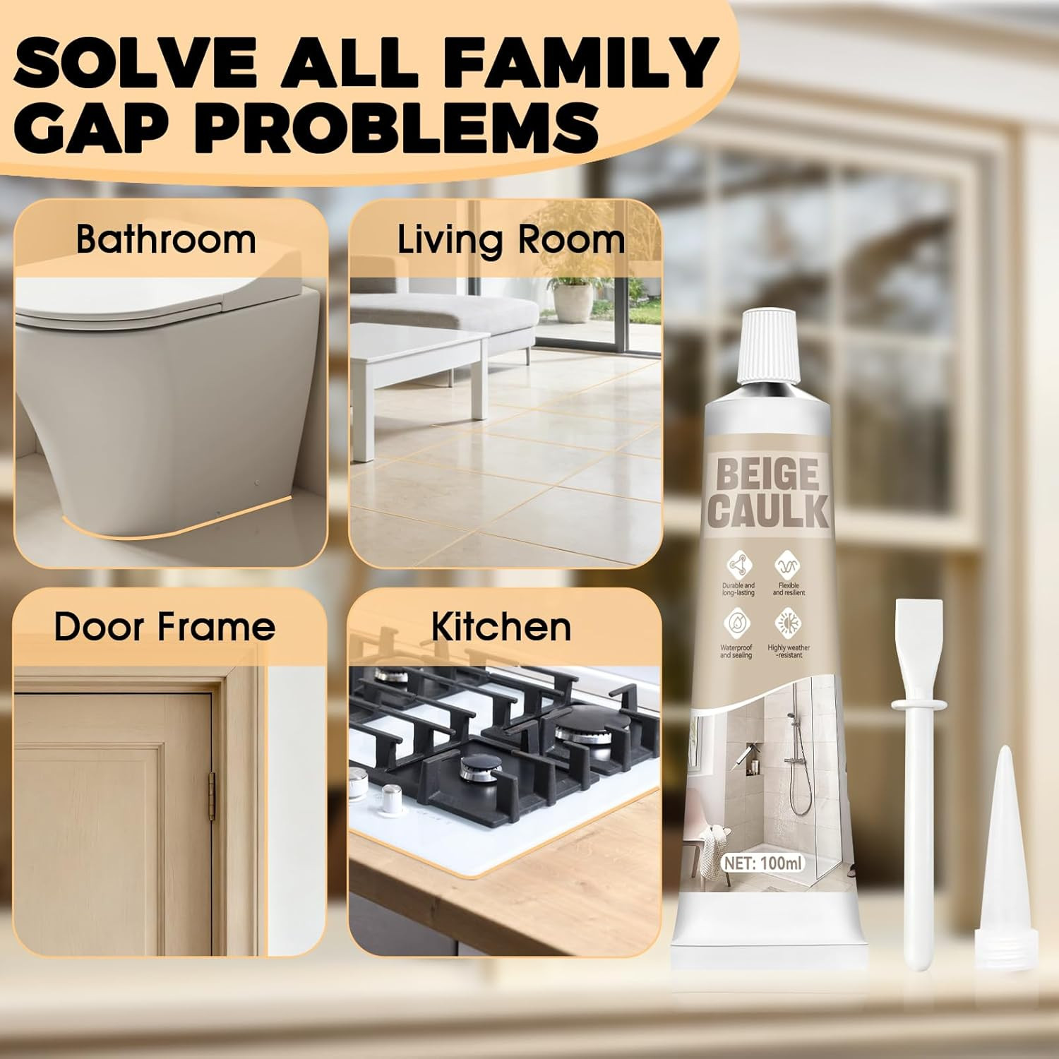 Beige Caulk, Silicone Caulk for Bathroom Shower Kitchen Tile Floor Sealing, Wate