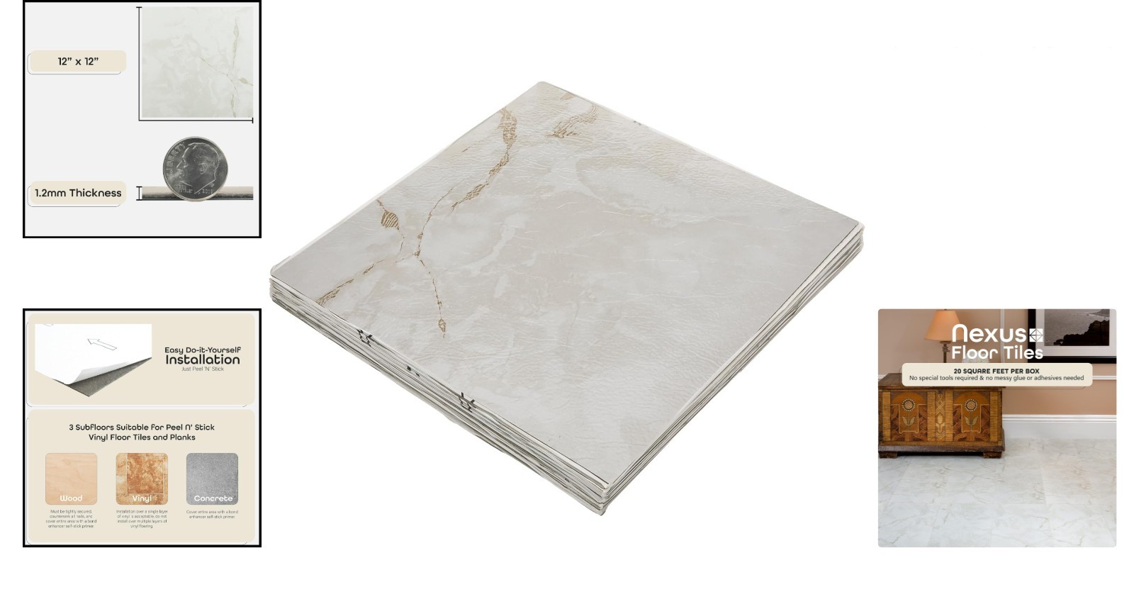 12-Inch Classic White & Grey Vein Vinyl Tiles – 20 Pack, Easy DIY Flooring
