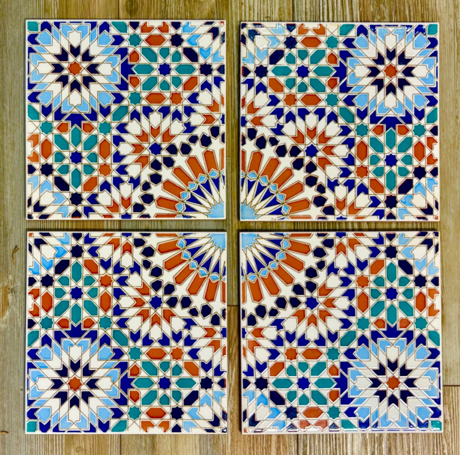 Vintage 8 x 8 inch Moroccan Mosaic Decorative Tiles Lot of 4 Star Pattern