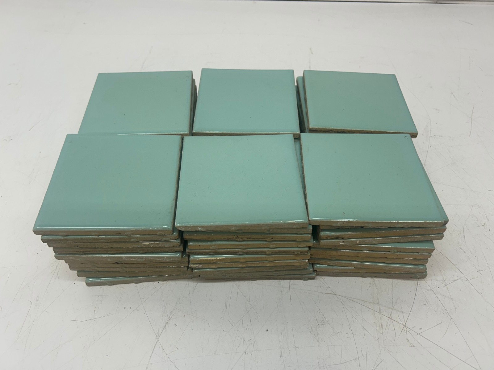 60 Vtg USQTCO Romany Ceramic Tile Blue Green MCM 4.25″ Tiles Kitchen Bath Used B