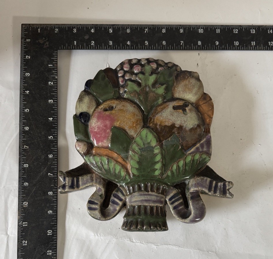 Reclaimed 1920s Ceramic Majolica Backsplash “ Bounty “ Medallion 9”x 9”