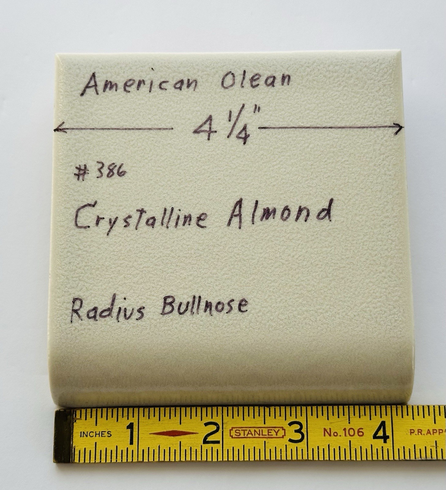 1 pc. Almond: Crystalline Ceramic Radius Bullnose Tile 4-1/4” American Olean