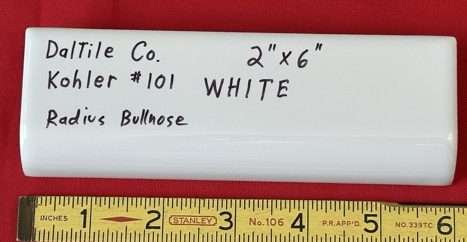Kohler #101 White: 2″ x 6″ Ceramic Tile, Mud Cap Bullnose Radius Trim Edge, NEW