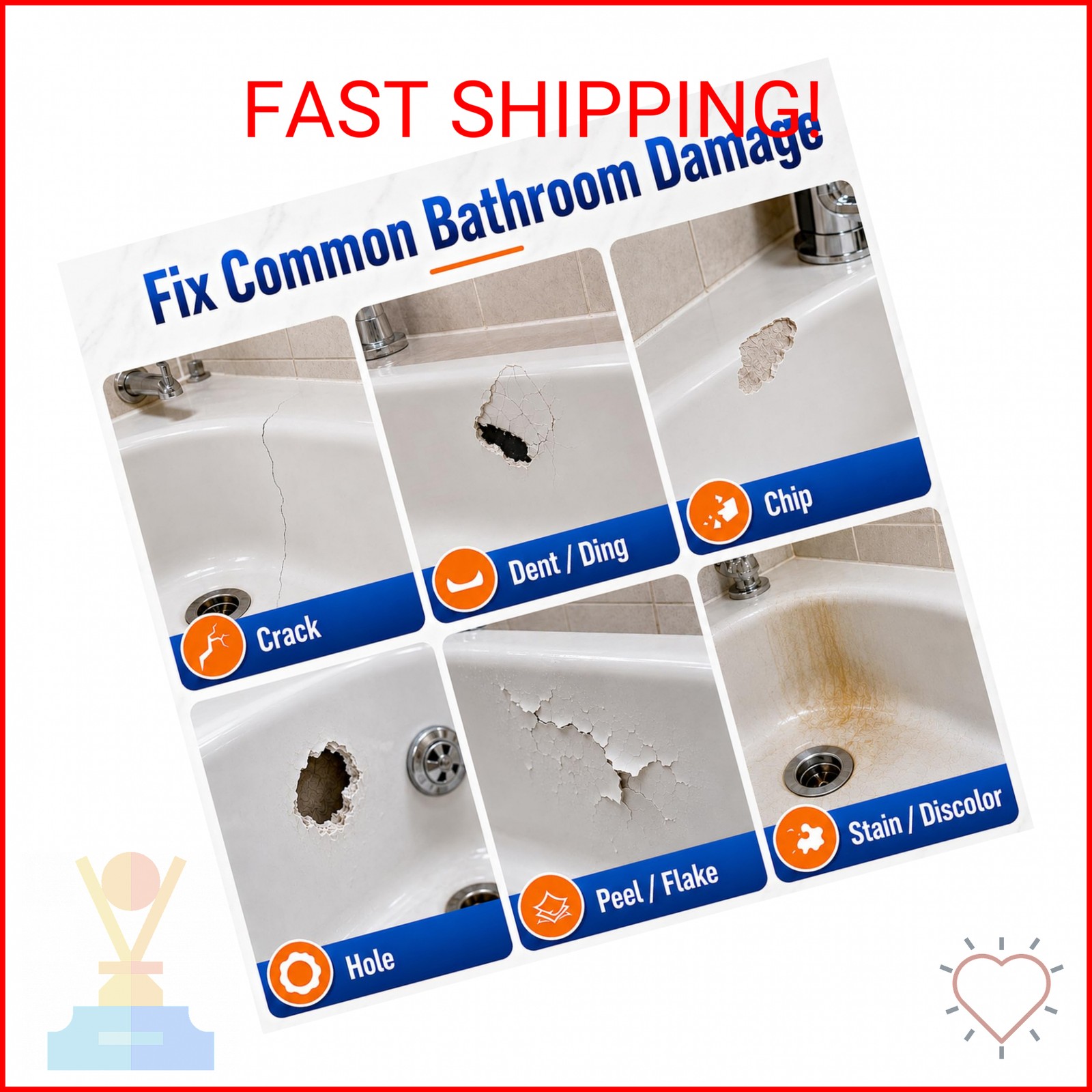 Tub Repair Kit White, Tub Chip and Bathtub Repair Kit for Enamel, Fiberglass, Ac