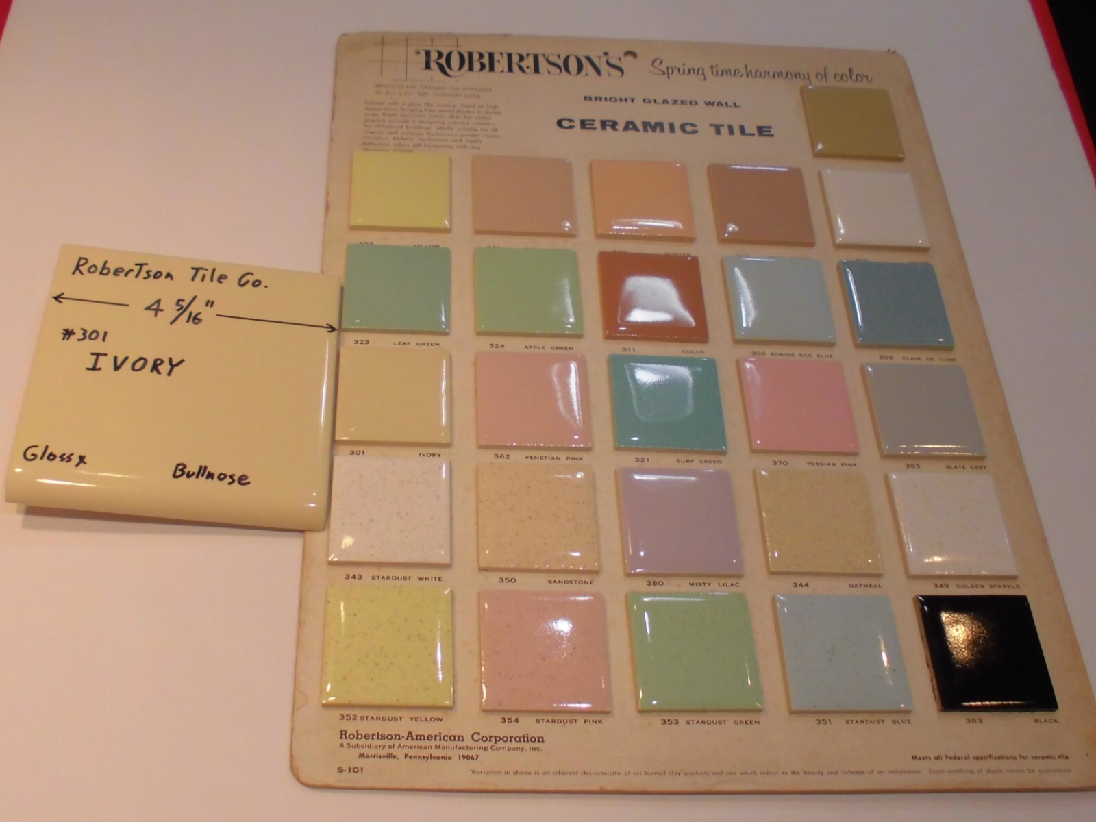 1 pc. Glossy Ceramic Bullnose Tile *Ivory* 4-5/16″ By Robertson Tile Co. New
