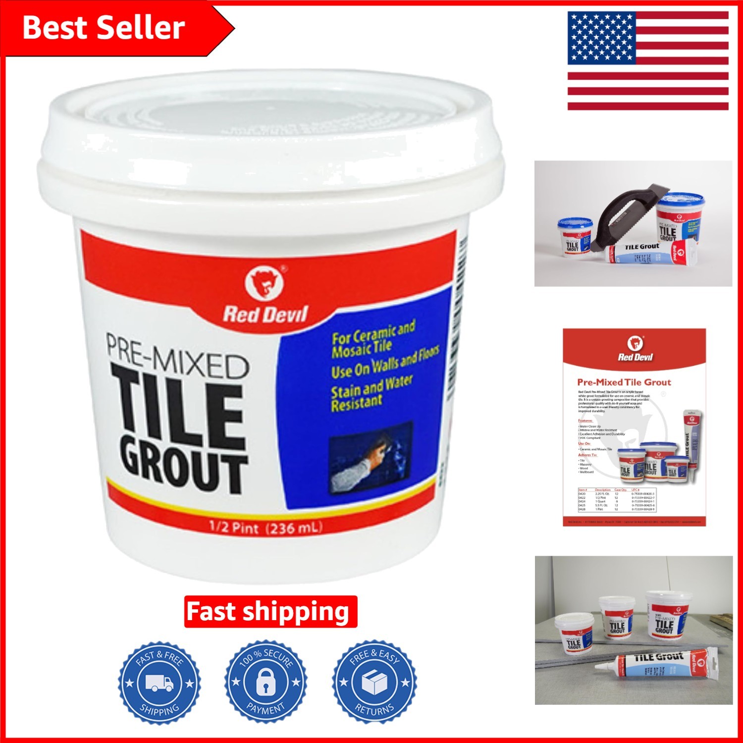 Versatile Pre-Mixed Tile Grout 1/2 Pint – Durable, Water Resistant, Easy to Use