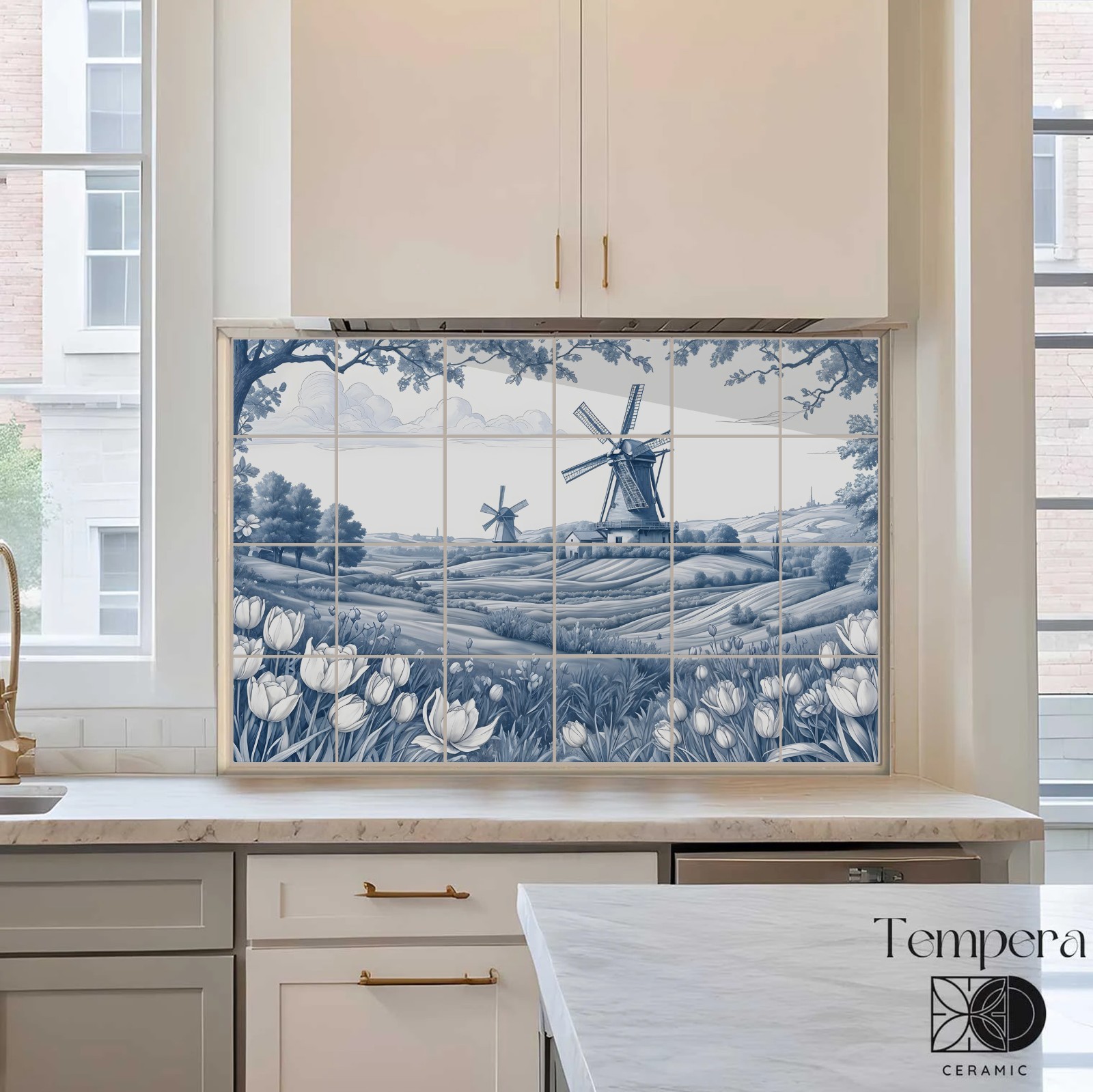 Blue and white delft style tiles, Windmill tile mural, Windmill landscape tiles