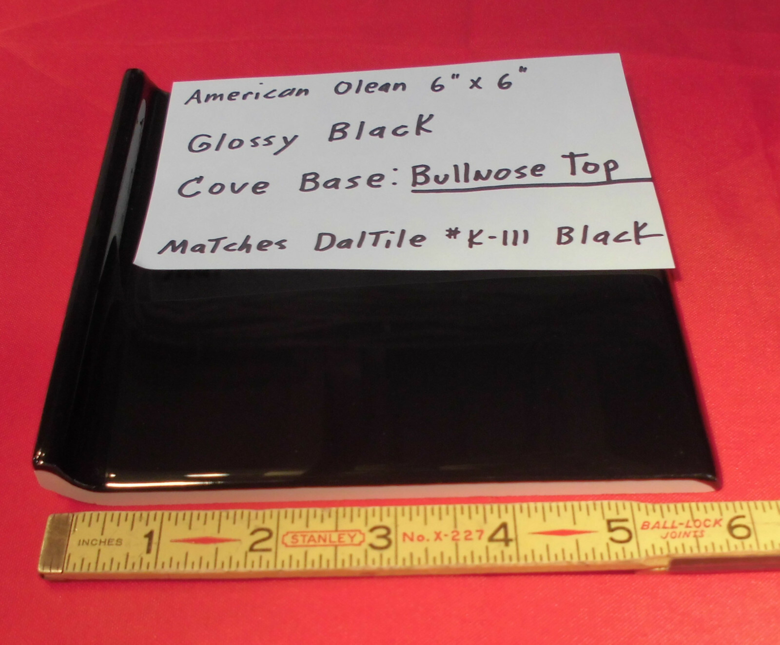 1 pc. Glossy Black Bullnose Top: base/cove Ceramic Tile 6″ X 6″ NEW-STOCK
