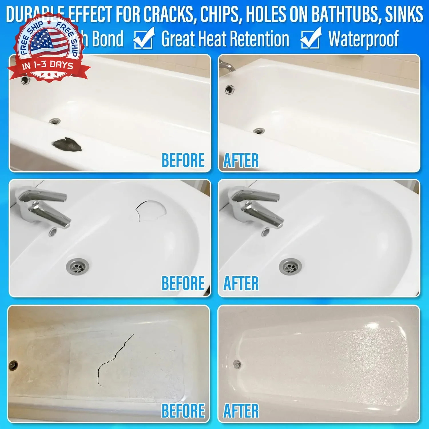 Tub Repair Kit White, Tub Chip and Bathtub Repair Kit for Enamel, Fiberglass, Ac