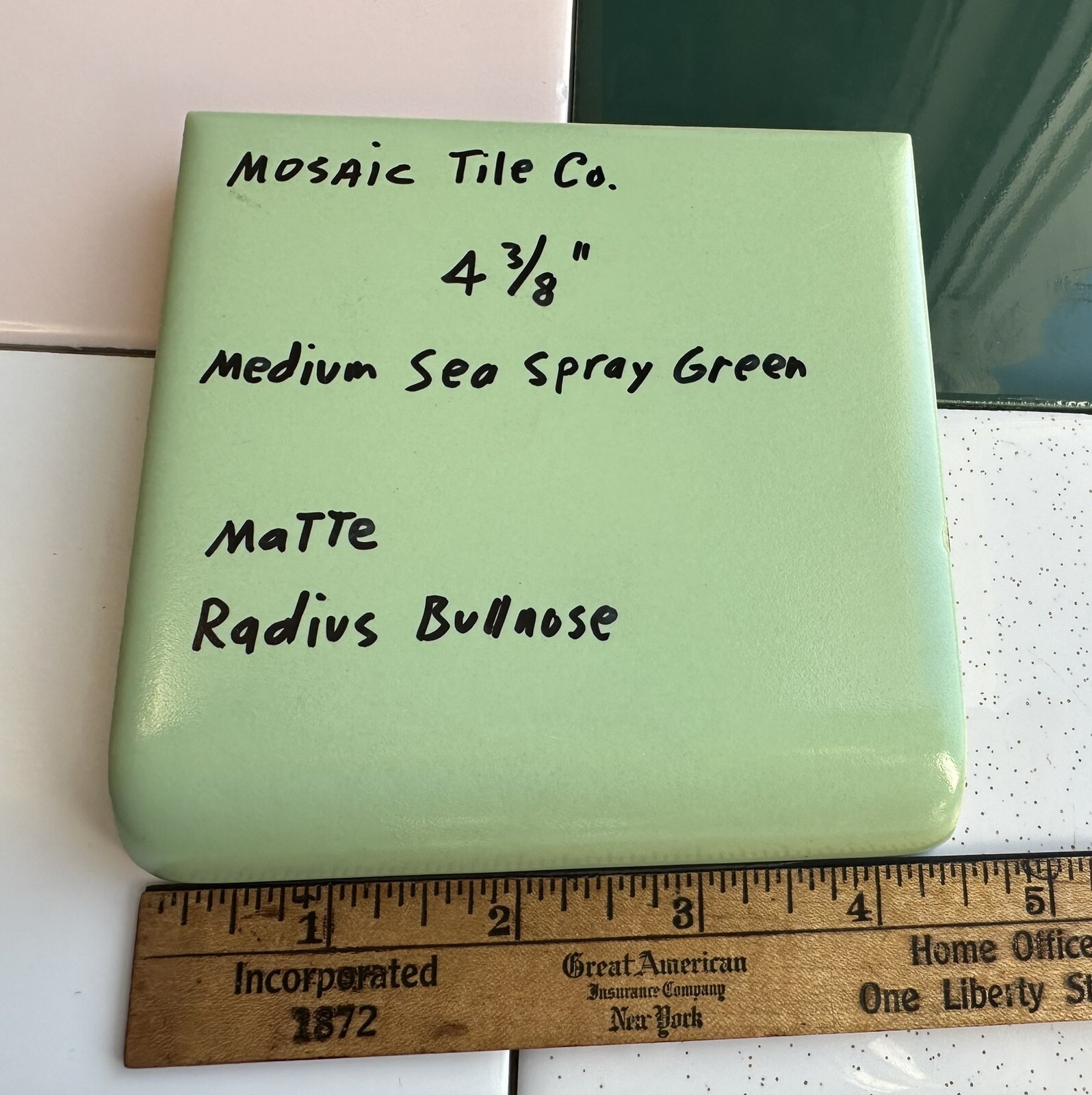 1 pc. Medium Sea Spray Green: Matte Radius Bullnose Ceramic Tile 4-3/8″ NOS