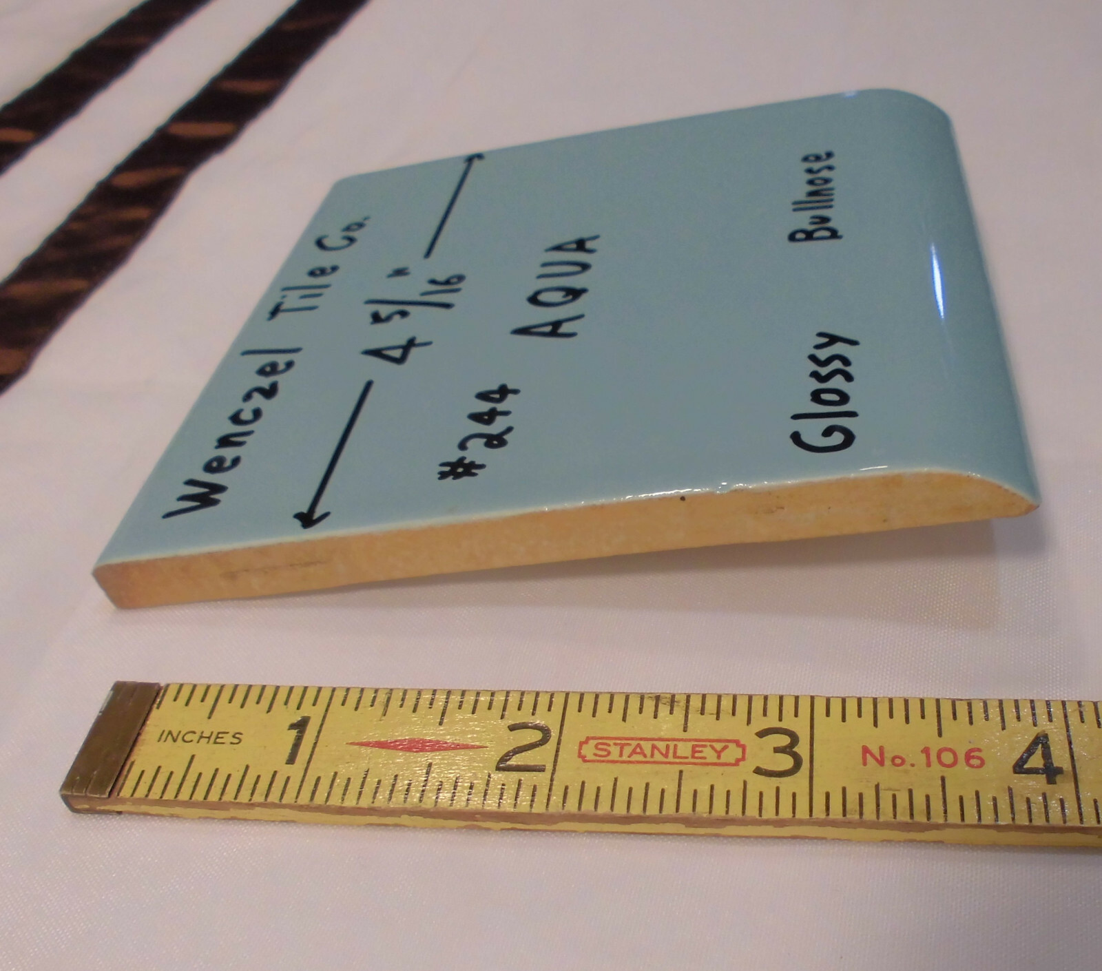 1 pc. Aqua #244; Blue-Green Glossy Ceramic Tile; Wenczel Tile 4-5/16″ Bullnose