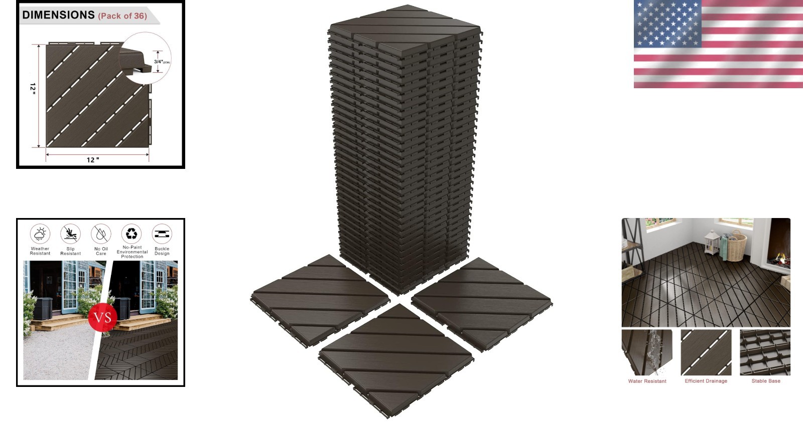 36 Pack 12″x12″ Interlocking Waterproof Deck Tiles – Non-Slip Outdoor Flooring