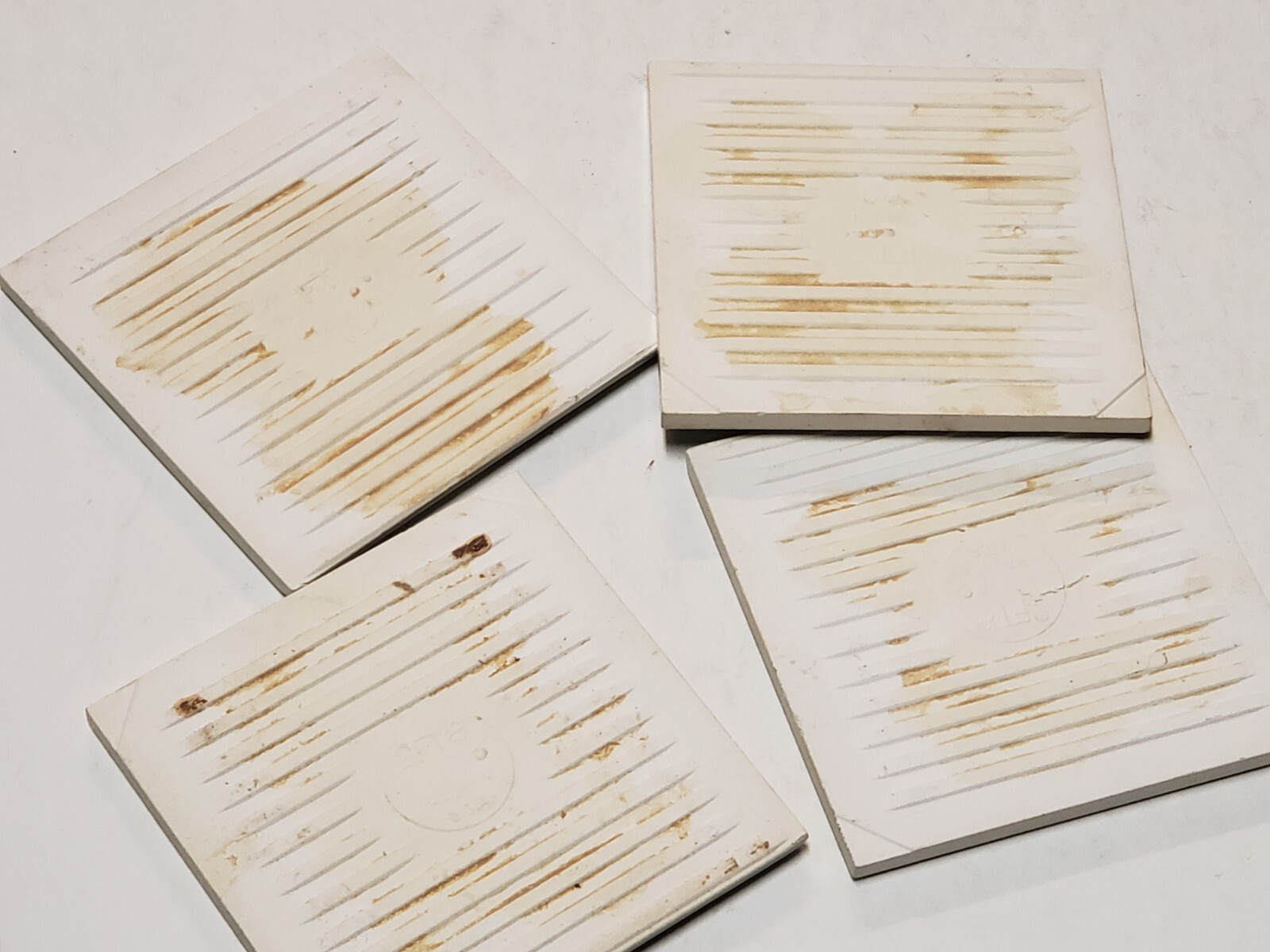 Vtg Lot of 4 FLORIDA Ceramic Tiles – Lt. Olive Green Glossy BULLNOSE 4 5/16″ Sq.