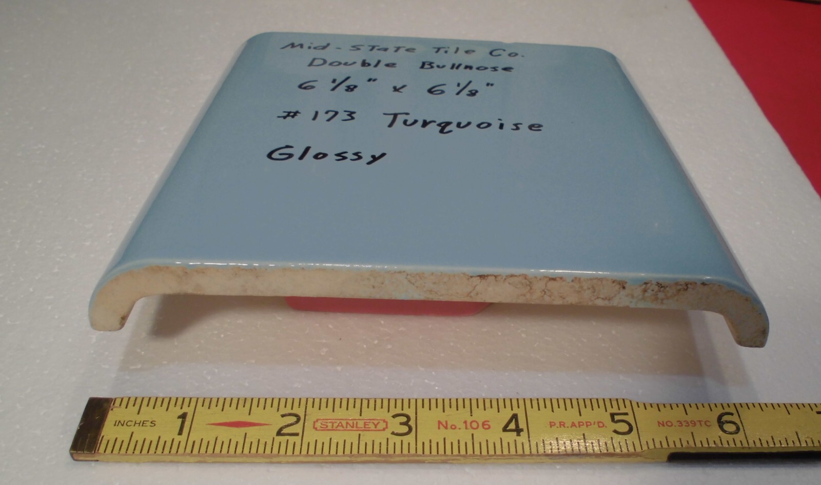 1 pc. Turquoise 6″ x 6″ Double Radius Bullnose Glossy Ceramic Tile: made 1950’s