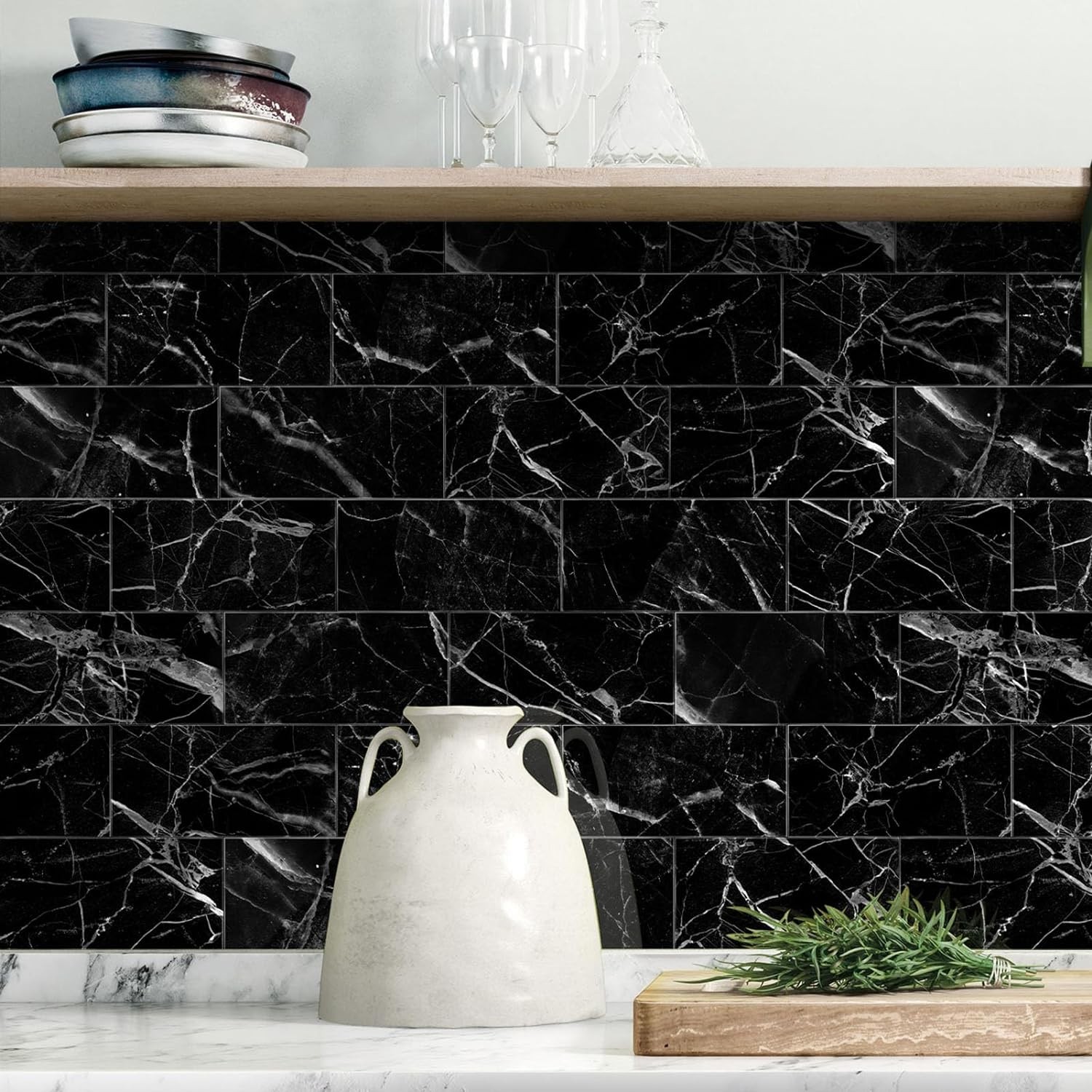 Peel and Stick Backsplash Tiles 32pcs PVC Black Marble 4×8 for Kitchen Bathroom