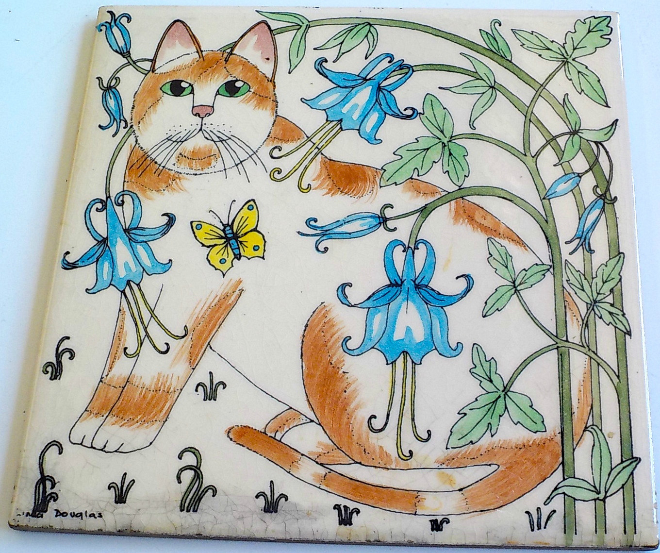 PAIR OF VINTAGE CERAMIC TILES-CAT/FLORAL MOTIFF-SIGNED-LINDA DOUGLAS-ENGLAND