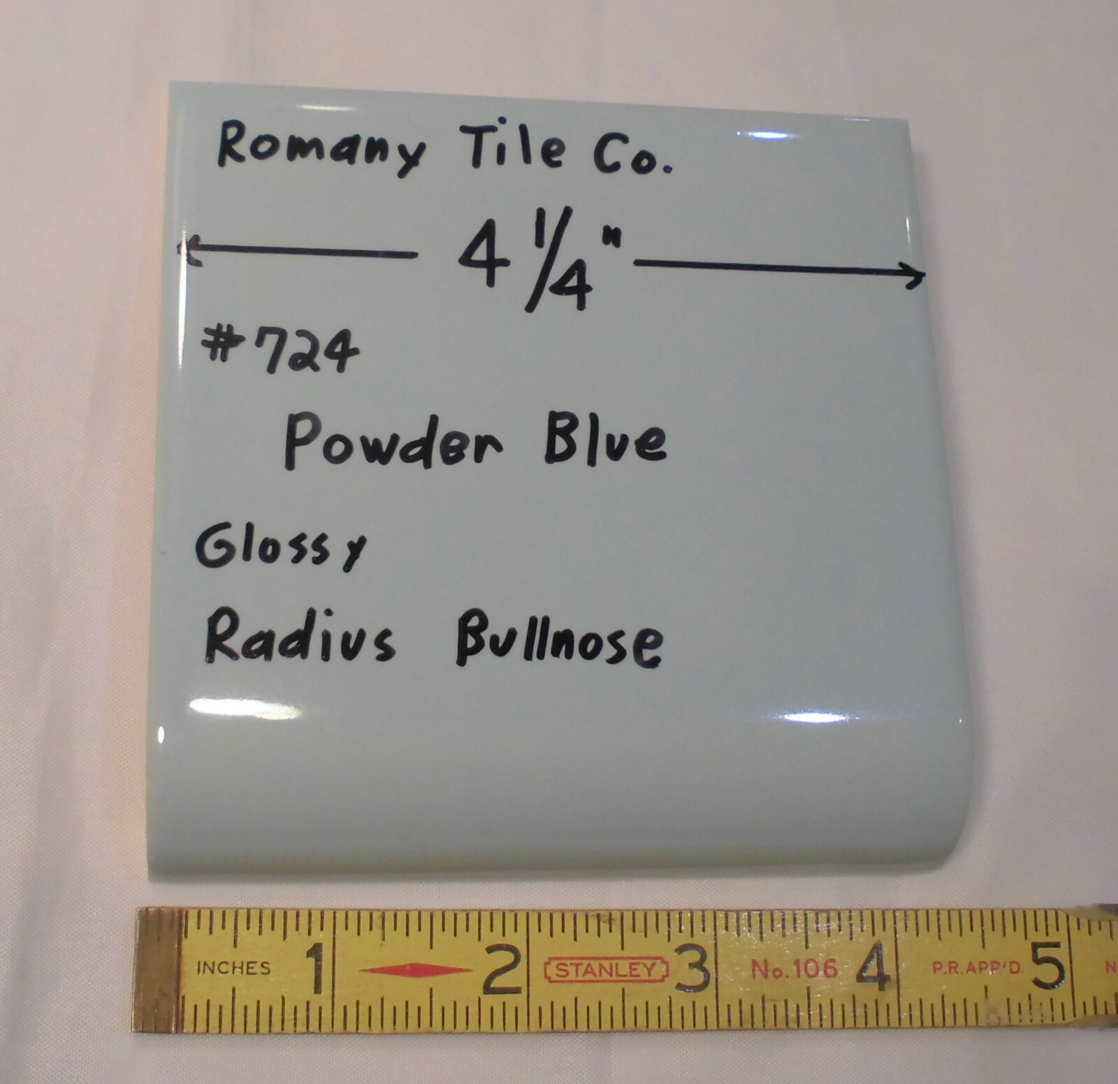 1 pc. Powder Blue: Glossy Radius Bullnose Ceramic Tile 4-1/4″ by Romany Co. NOS