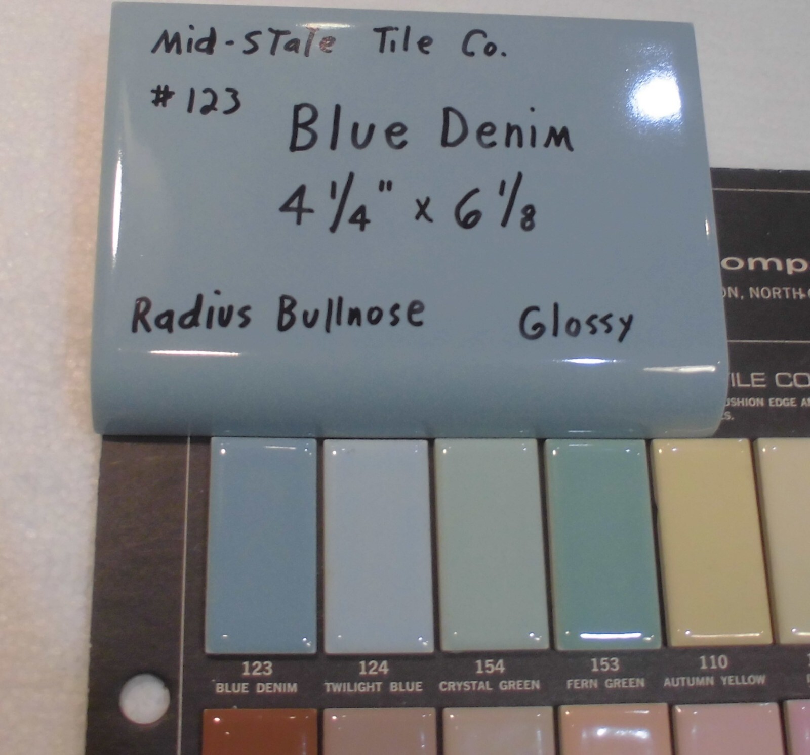 1 pc. *Blue Denim* Glossy Ceramic Bullnose Tile 4-3/8″ X 6-1/8″ by Mid-State Co.