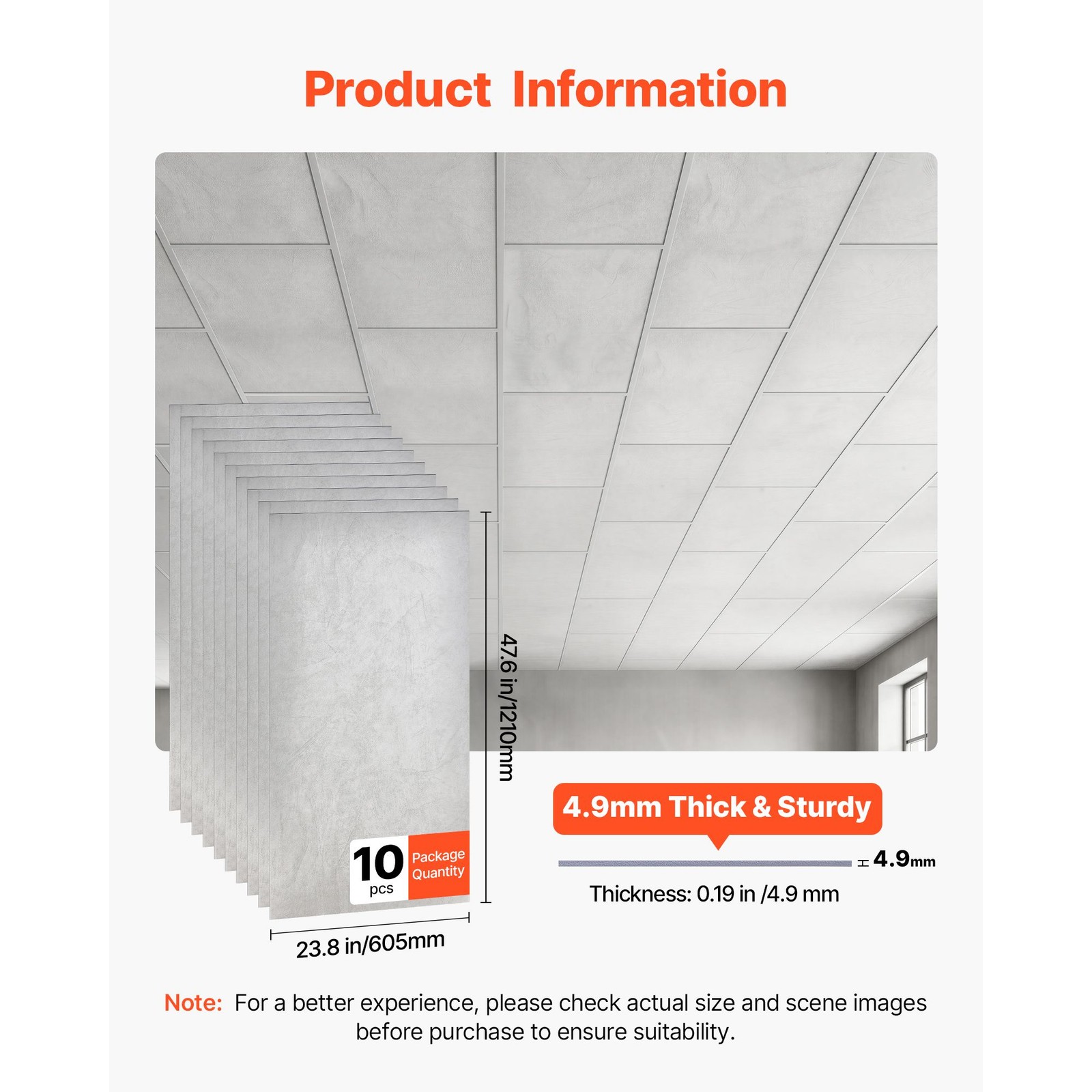 24 x 48 in PVC Ceiling Tiles 10 – Pack Drop Ceiling Panels White Marble, PVC