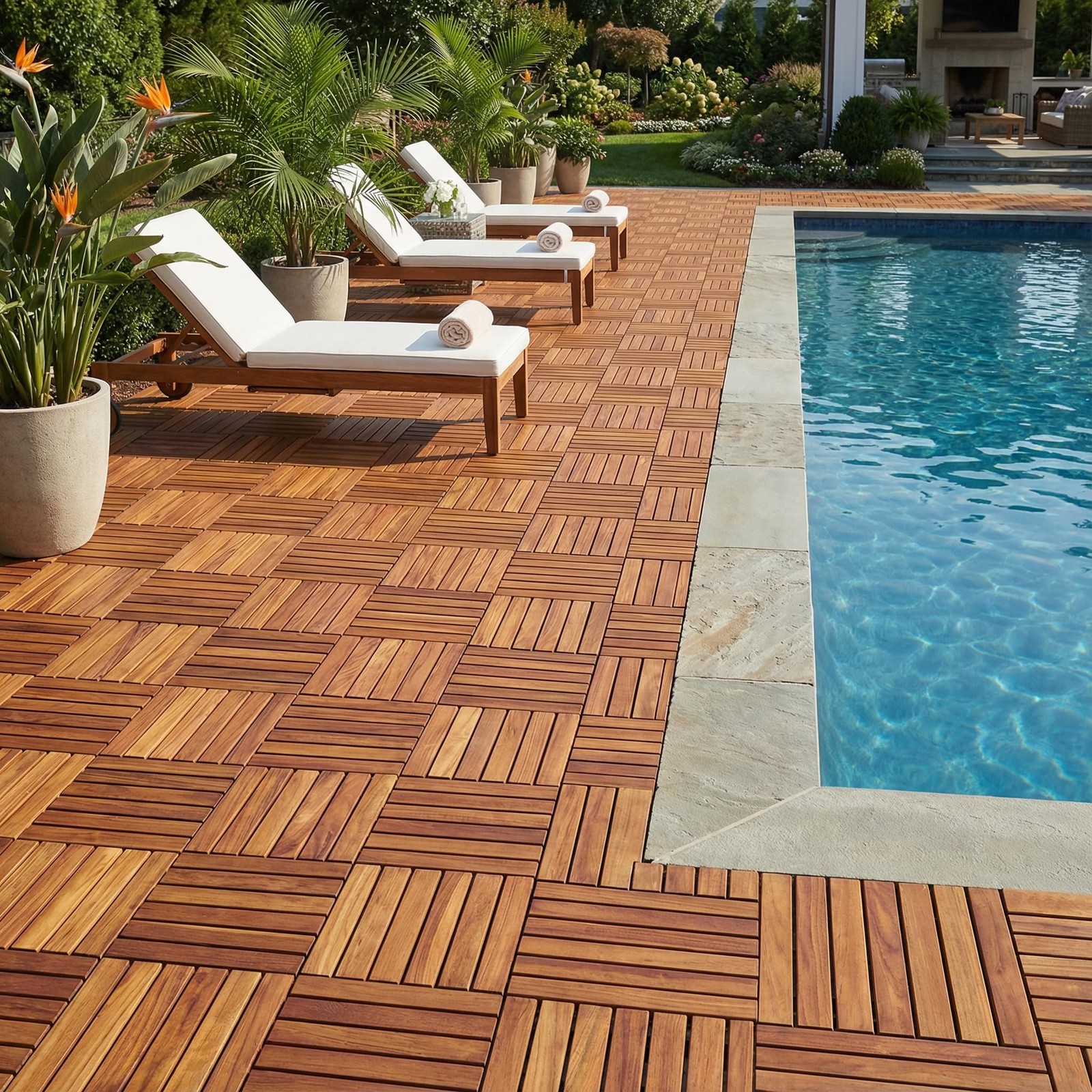 EZ-Floor Interlocking Flooring Tiles in Solid Teak Wood Oiled Finish (Set of …