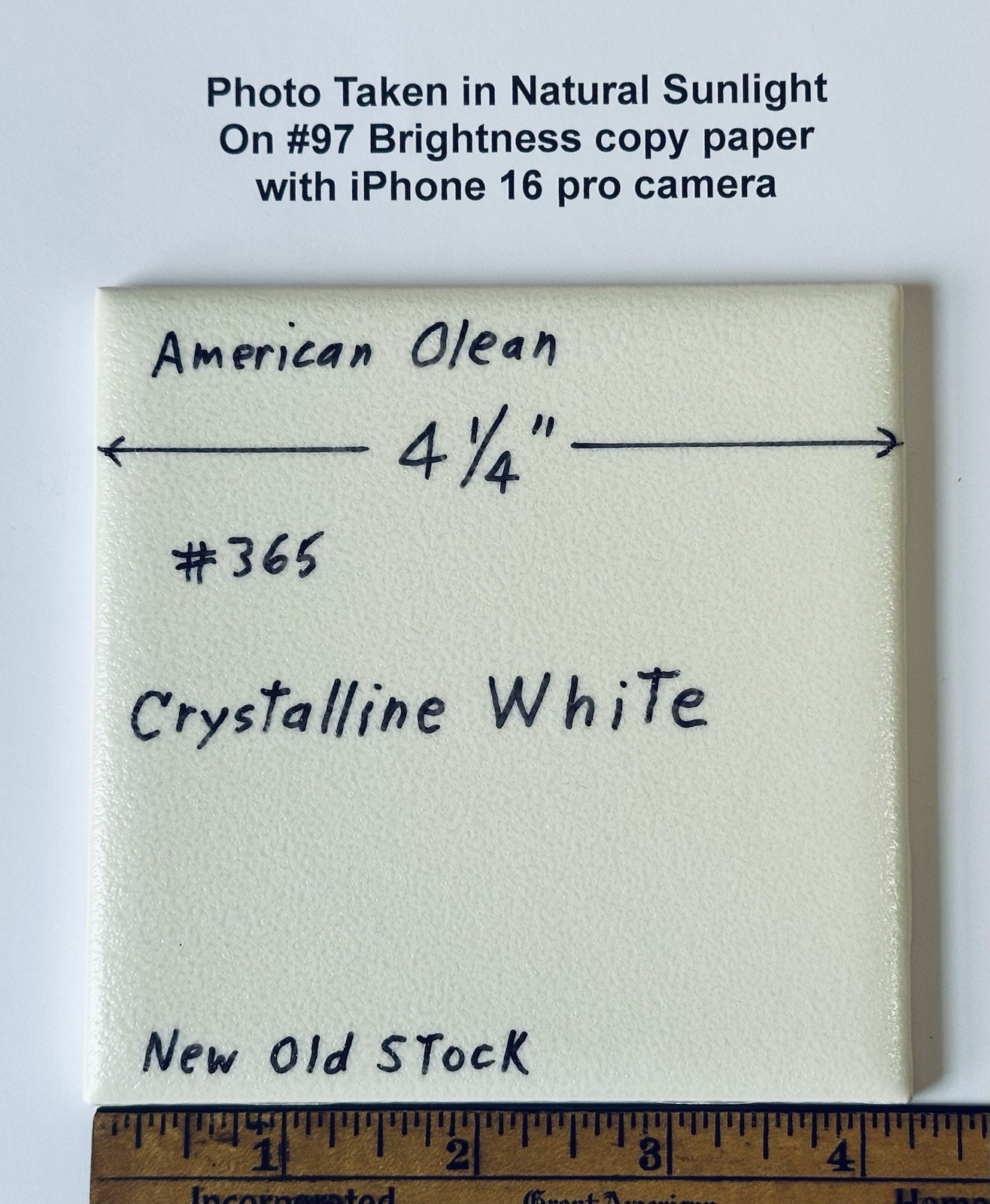 1 pc. White Crystalline Ceramic Tile by American Olean: 4-1/4″ from 1970’s -90’s