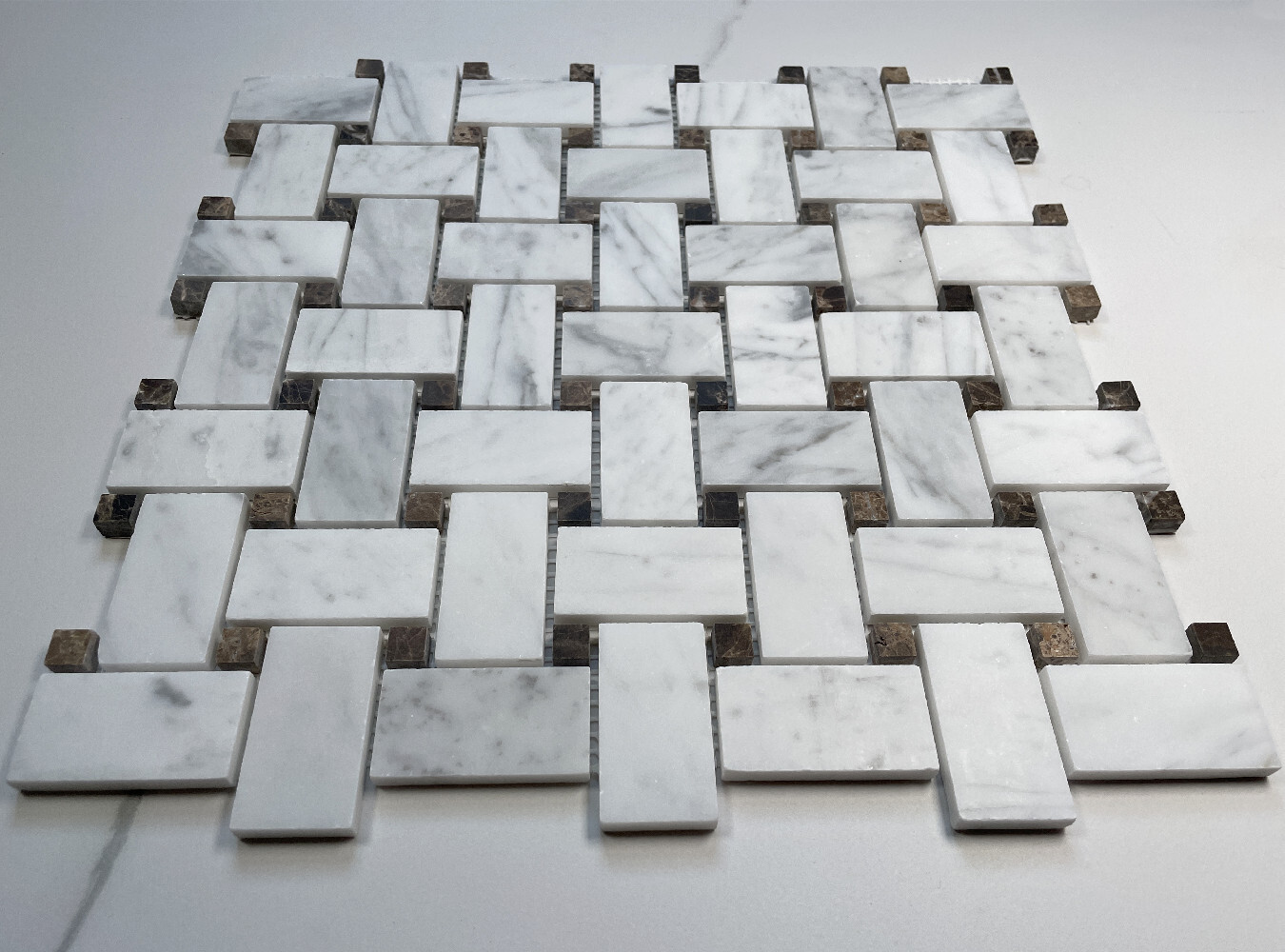 C654XH Carrara Venato Marble 1×2 Basketweave Mosaic Tile Brown Dots Honed