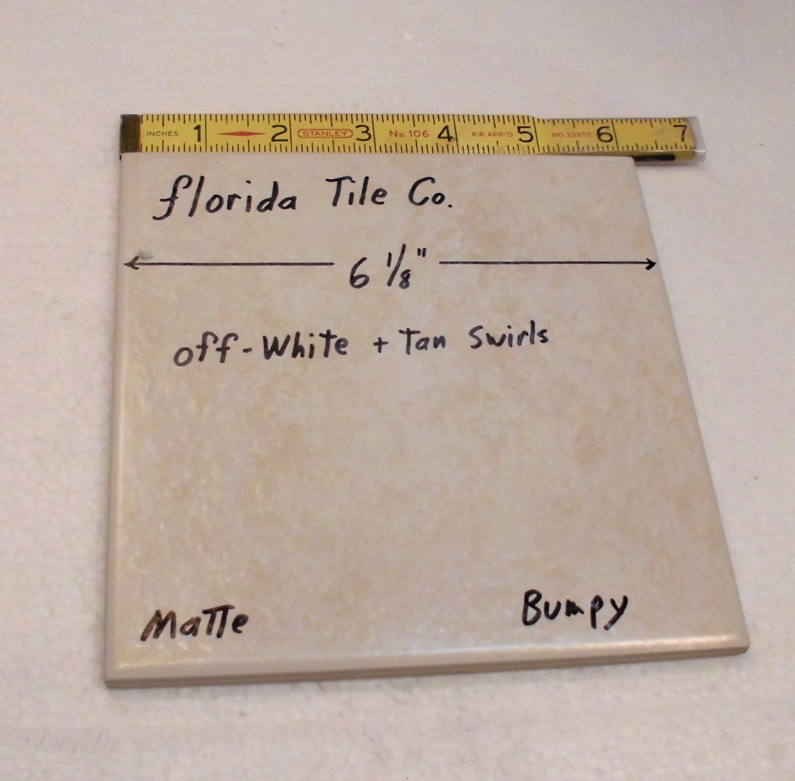 1 pc. Off-White +Tan Swirls: 6-1/8″ Square; Matte Ceramic Tile, by Florida, NOS