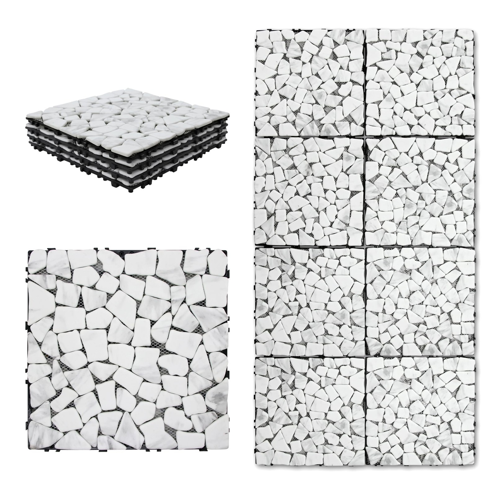 4PCS Natural Pebble Interlocking Deck Tiles, 12″ x 12″ Recycled Glass Marble …