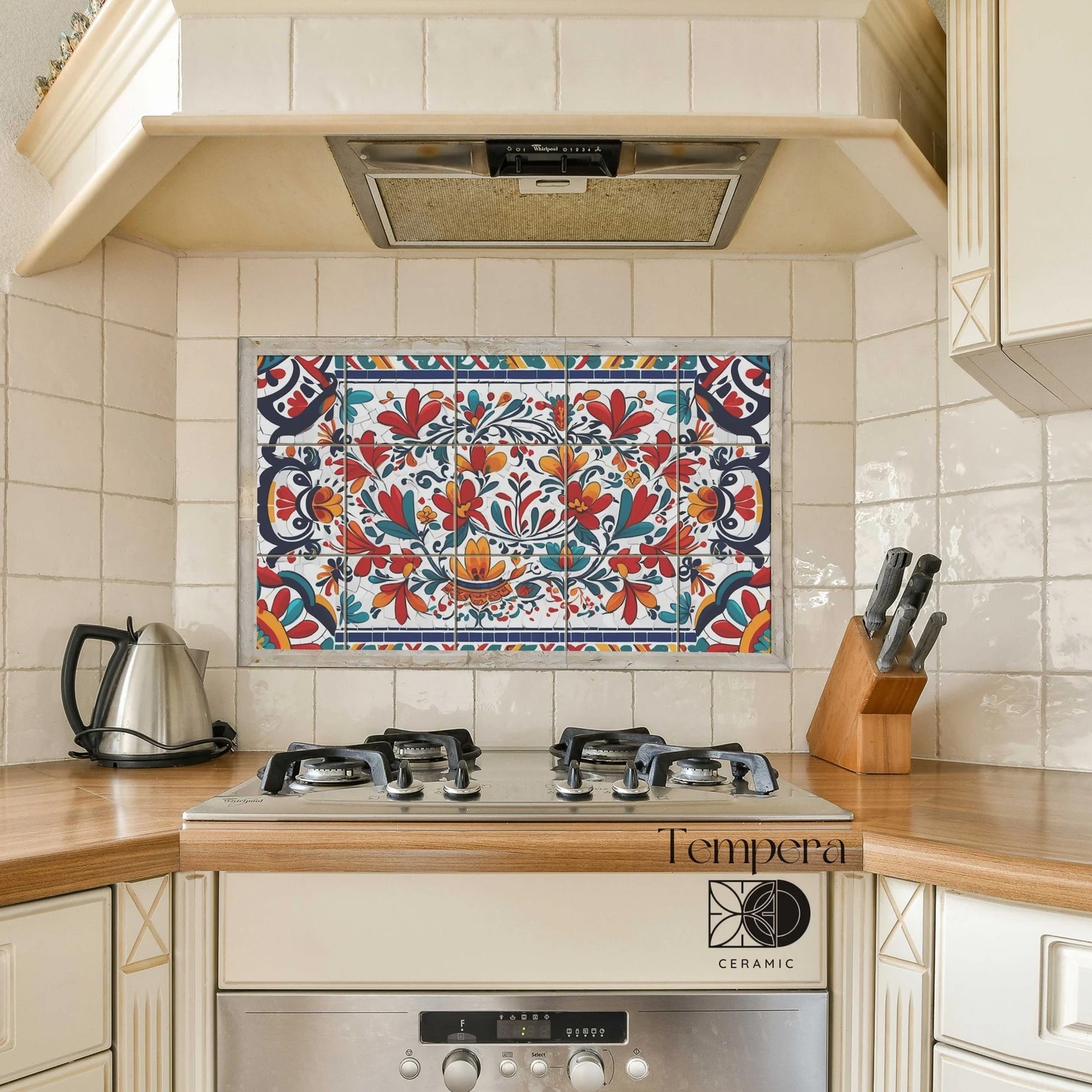 Abstract Mexican pattern tiles backsplash, heritage tiles decor in bright colors