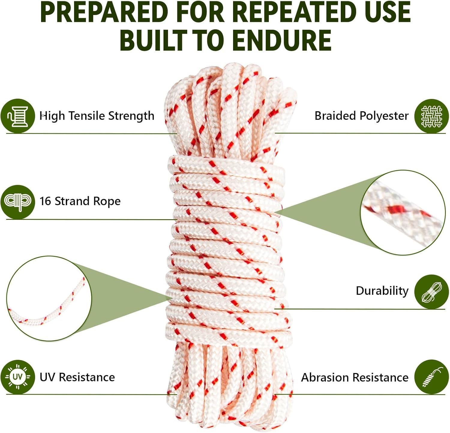 3 Pack, 10 ft x 9/64″ (3.5mm) Pull Cord Rope with Handle, Premium Starter Rope w