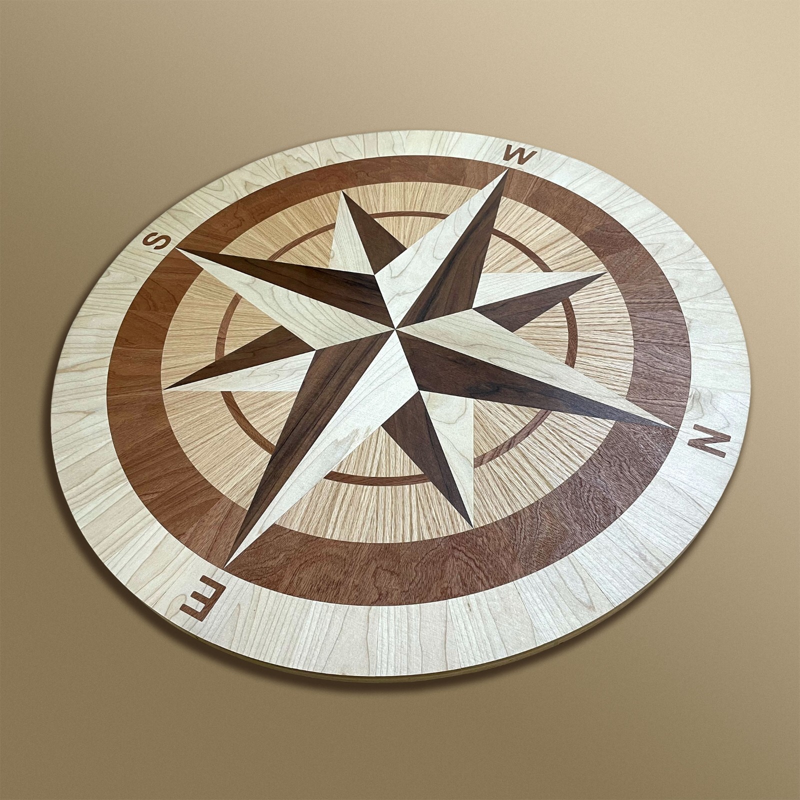 12″ x 3/4″ Wood Compass Floor Inlay – Handmade Decorative Hardwood Medallion