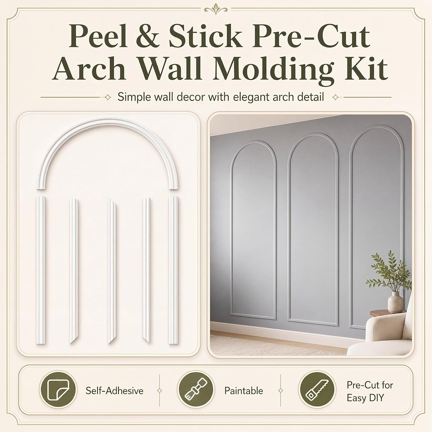 3 Set 32 X 78 Inch Arch Wall Molding Kit Peel Stick Arch Premade Accent Wainscot