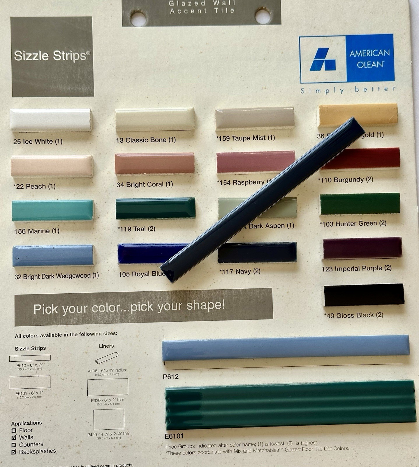 1 pc. Navy Blue: Ceramic Tile… Pencil – Liner – Sizzle: 1/2″ X 6″ by A.O. New