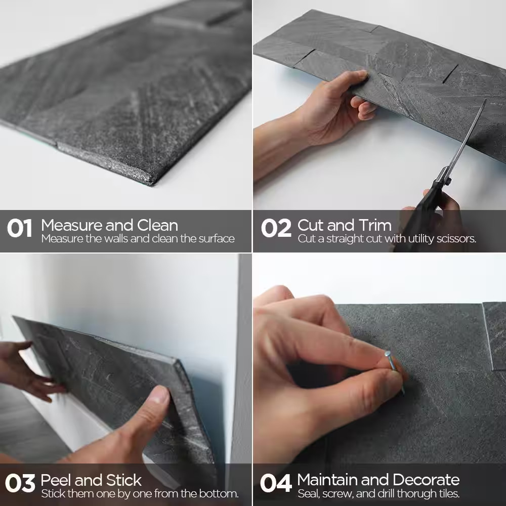 12-Sheets Dark Gray 24 In. X 6 In. Peel, Stick Self-Adhesive Decorative 3D Stone