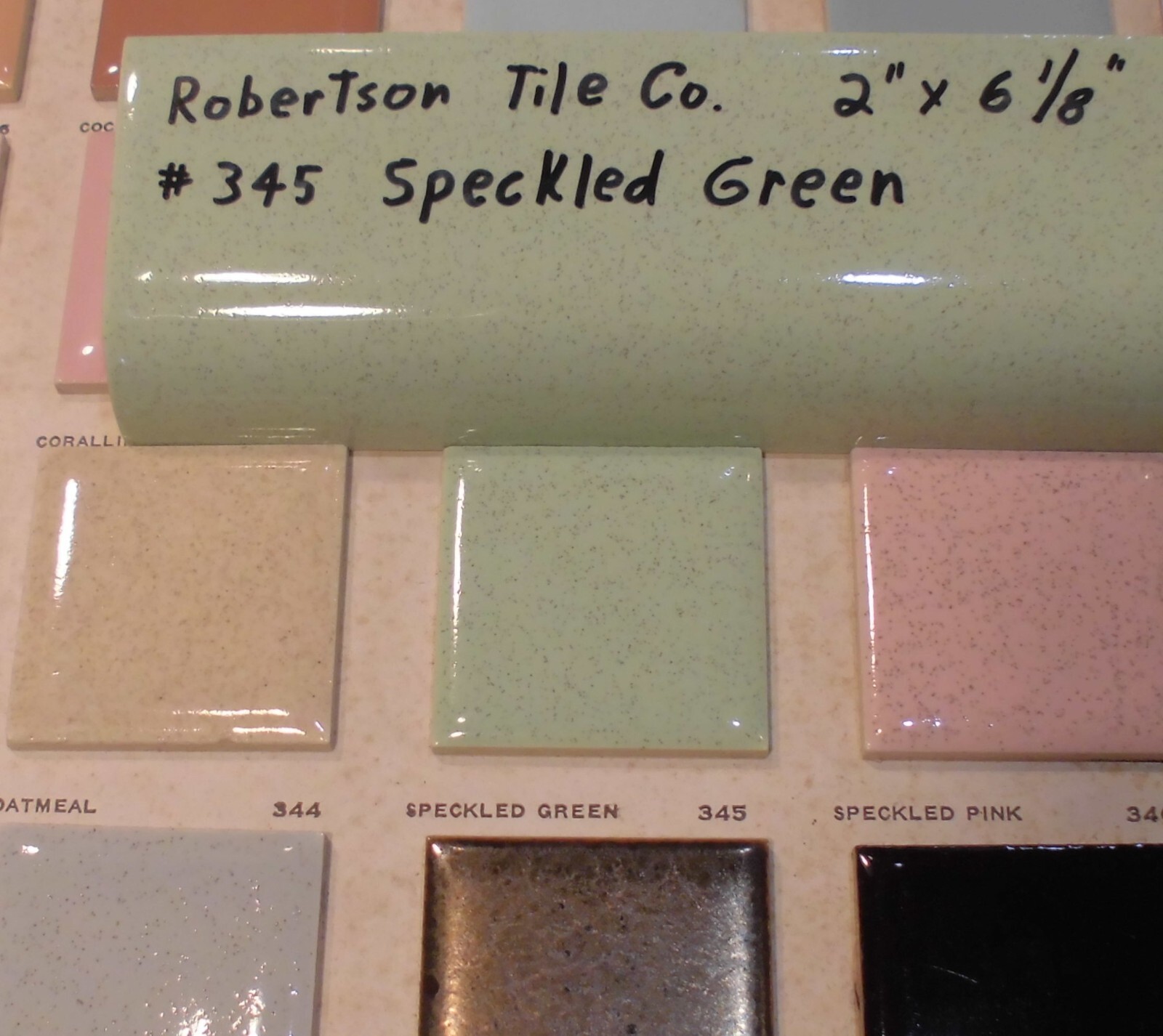 1 pc. Speckled Green: Ceramic Tile; 2″ X 6-1/8″ Radius Bullnose by Robertson Co.