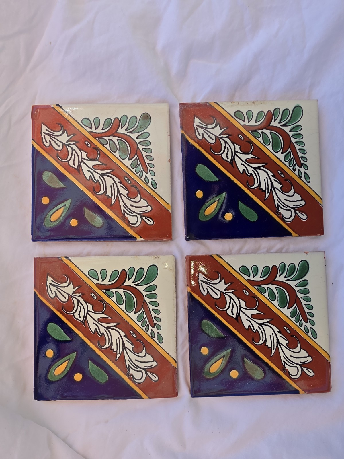 Lot of 4 Hand-Painted Mexican Mosaic Tiles 4×4 Talavera – Zandra Hand Painted