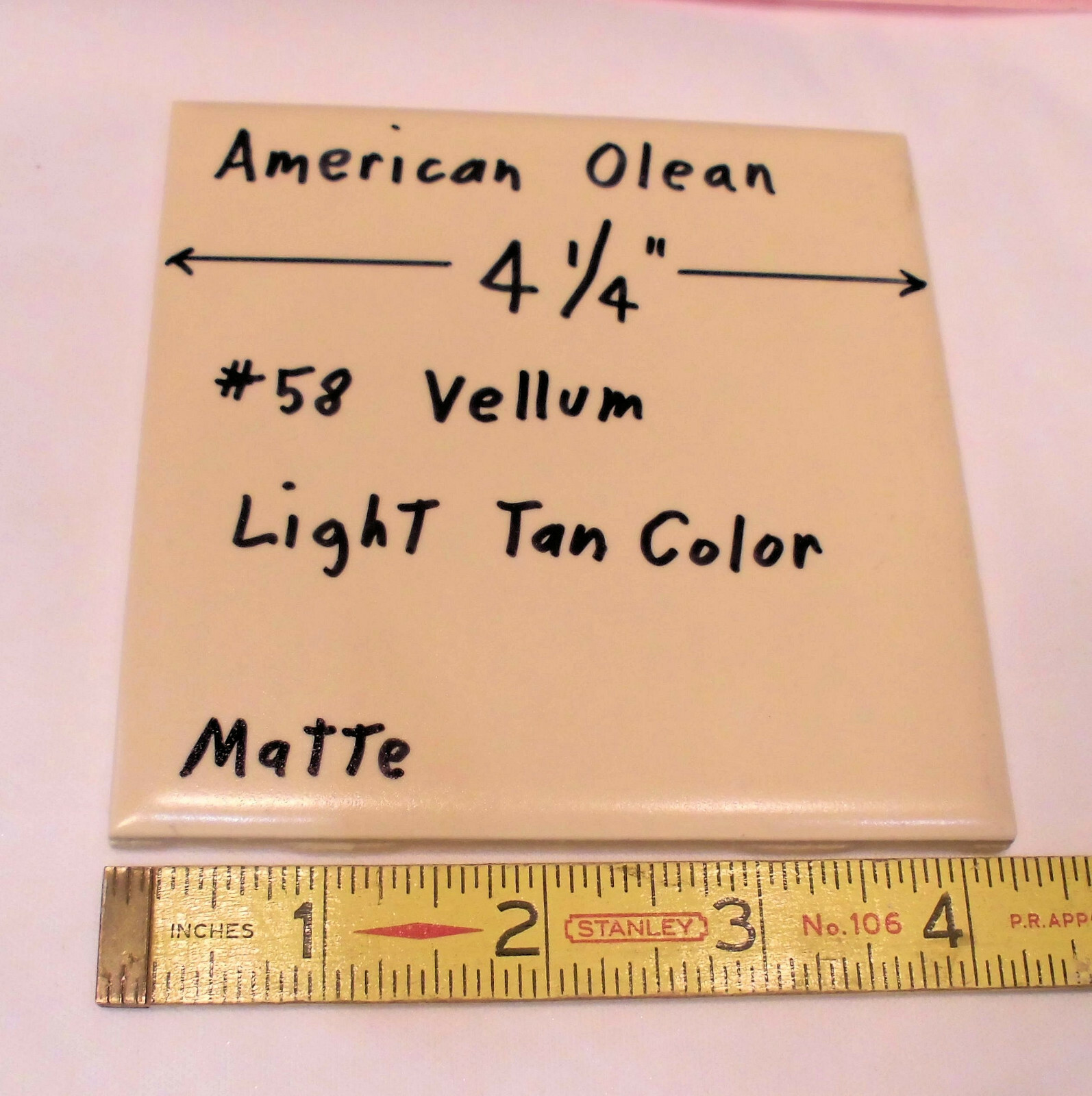 1 pc. Vintage Ceramic Tile *Matte Vellum* by American Olean Co. 4-1/4″ Light Tan