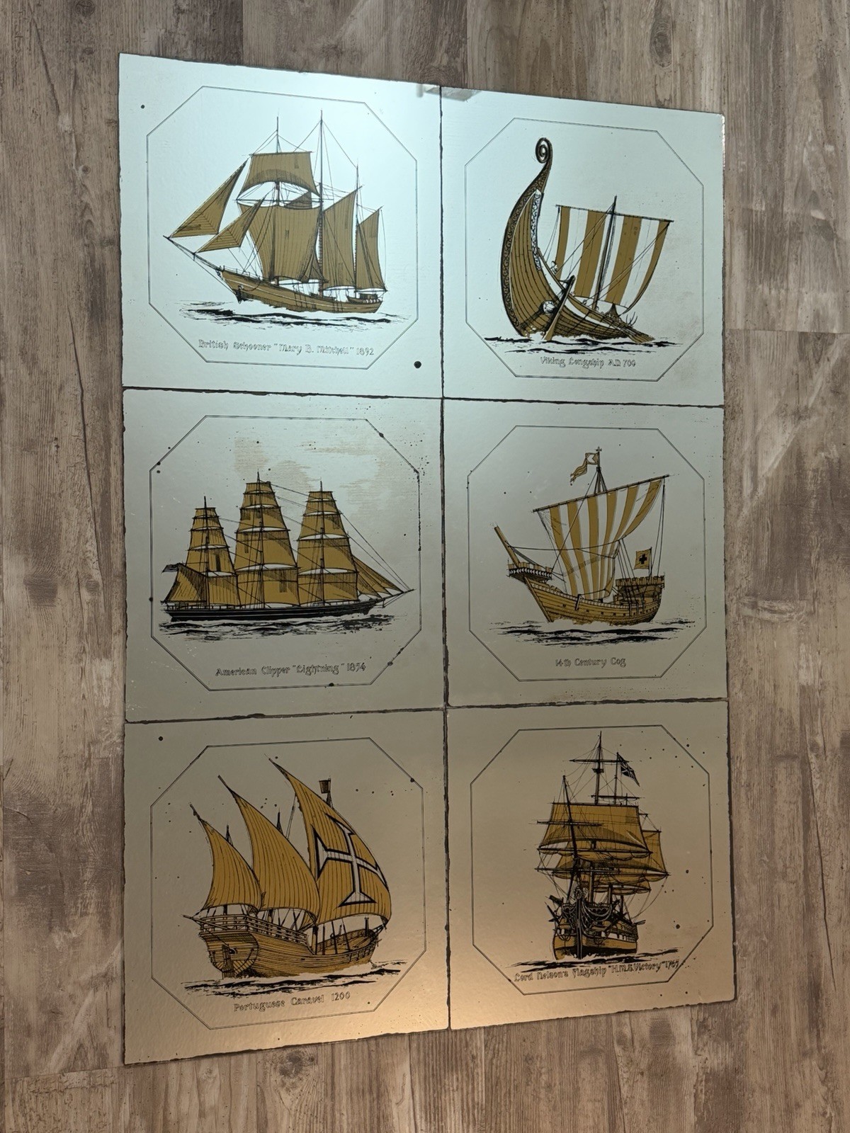 Vintage 70s 80s Mirro-Tile 12×12 Lot Of 6 Antique Gold Ships Viking Mirror Tiles