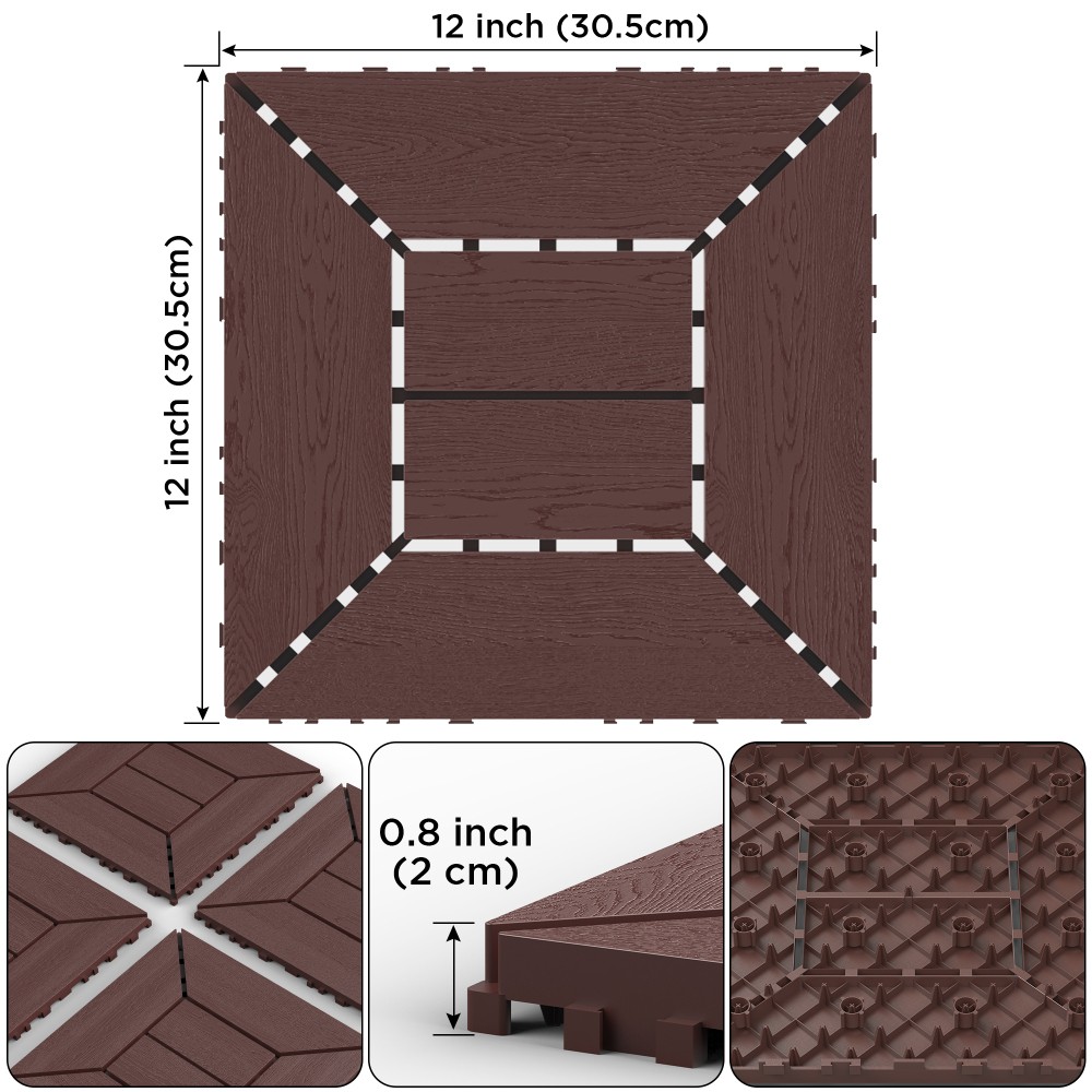 44 Pack 12×12 Interlocking Patio Tiles DIY Deck Floor Tiles Polypropylene Indoor