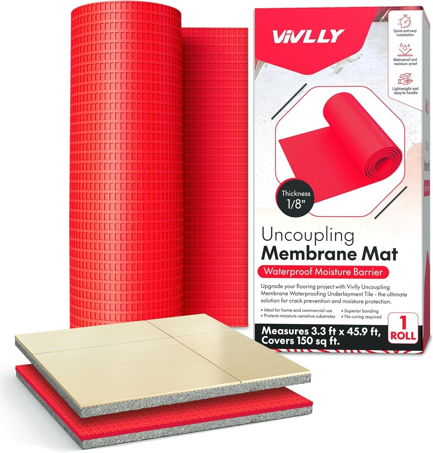 Vivlly 1/8” Uncoupling Membrane Waterproof Floor Underlayment 150 Sq Ft