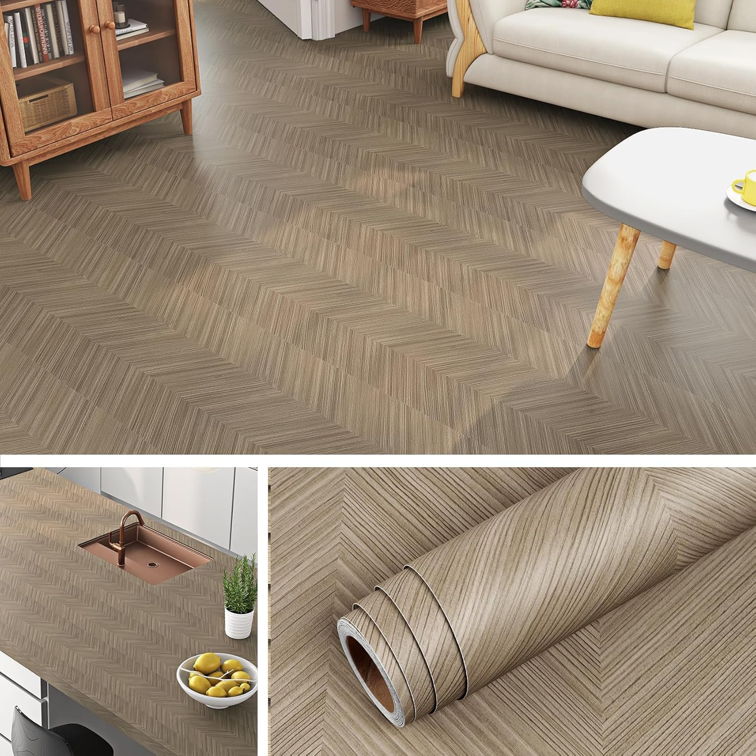 Herringbone Wood Grain Contact Paper for Floors PVC Waterproof Linoleum Flooring