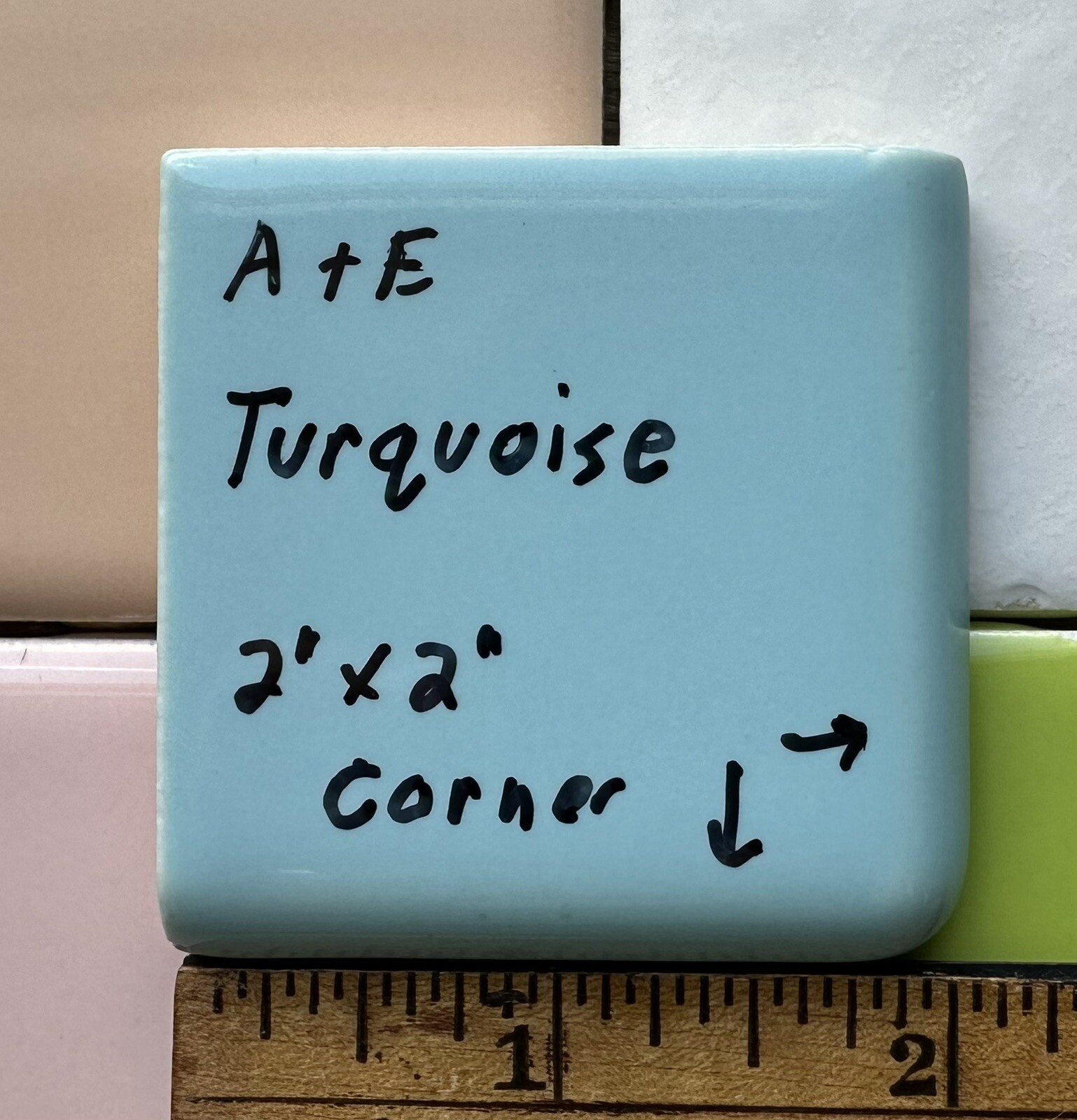 Turquoise: 2″ X 2″ X 5/16″ Ceramic Surface Bullnose Corner Tile, made 1950’s